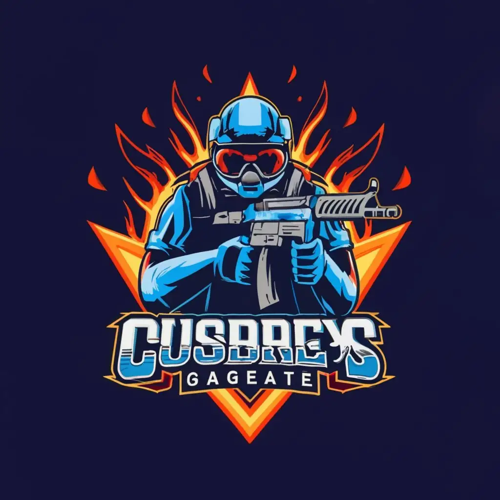 a logo design,with the text "cs mobile", main symbol:Logo for a game similar to Counter-Strike 2, should be drawn: player, weapon, explosion, all on a gradient red-blue background,complex,be used in Entertainment industry,clear background