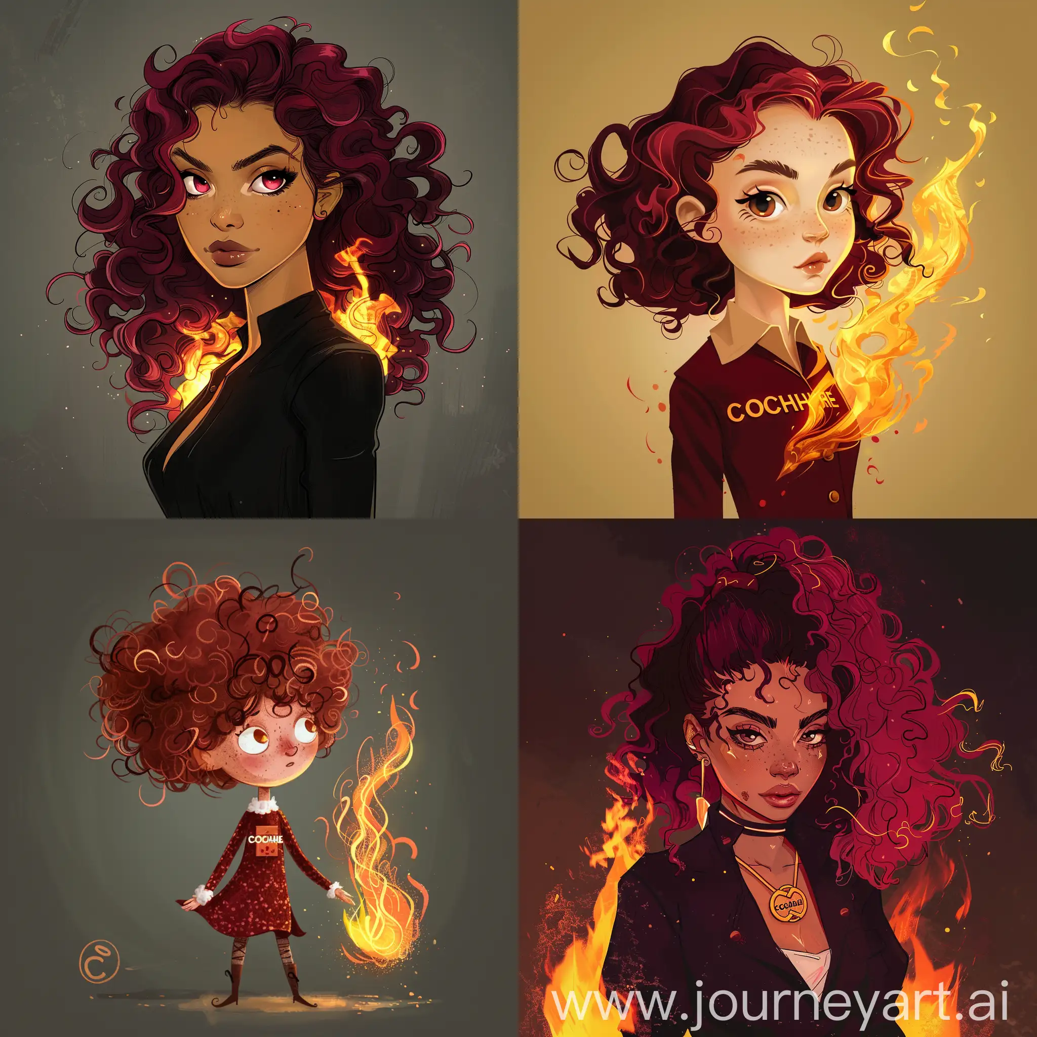 Character design, girl, wine-colored curly hair, wears Coco Chanel, loves fire