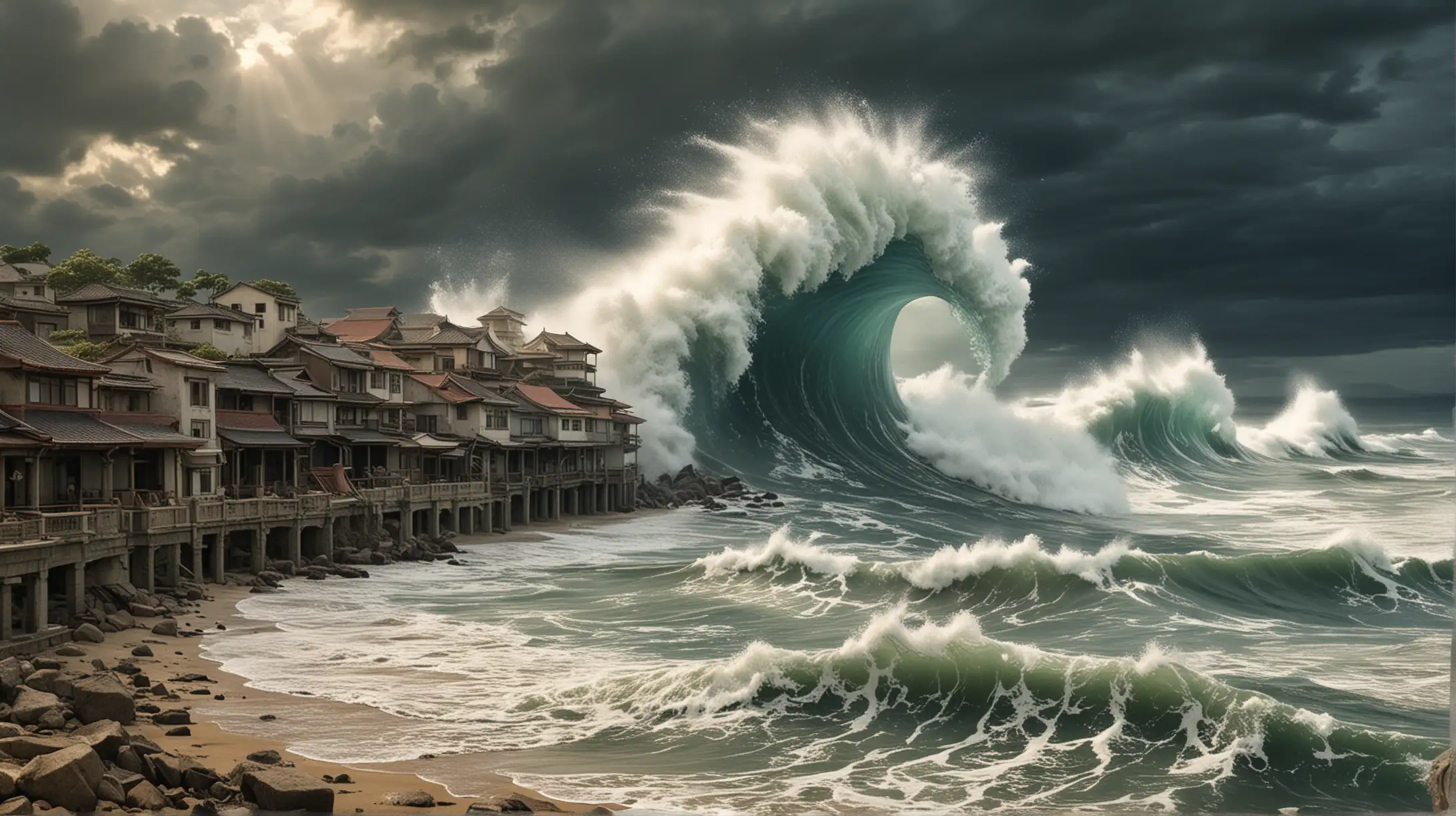 the great tsunami wave overflows an ancient city at the sea shore