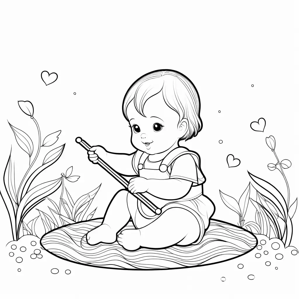 baby girl playing, Coloring Page, black and white, line art, white background, Simplicity, Ample White Space. The background of the coloring page is plain white to make it easy for young children to color within the lines. The outlines of all the subjects are easy to distinguish, making it simple for kids to color without too much difficulty