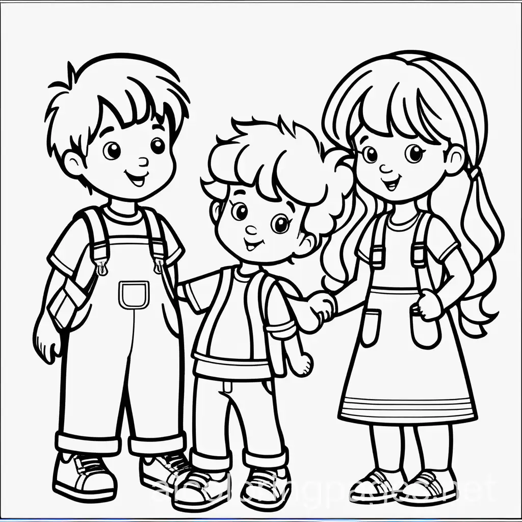 kids who are agreeable with each other, Coloring Page, black and white, line art, white background, Simplicity, Ample White Space. The background of the coloring page is plain white to make it easy for young children to color within the lines. The outlines of all the subjects are easy to distinguish, making it simple for kids to color without too much difficulty