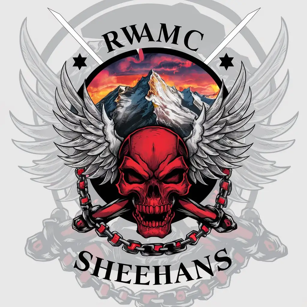 a logo design,with the text "RWAMC SHEEHANS", main symbol:red skull, background mountain, chain, white wings,complex,clear background