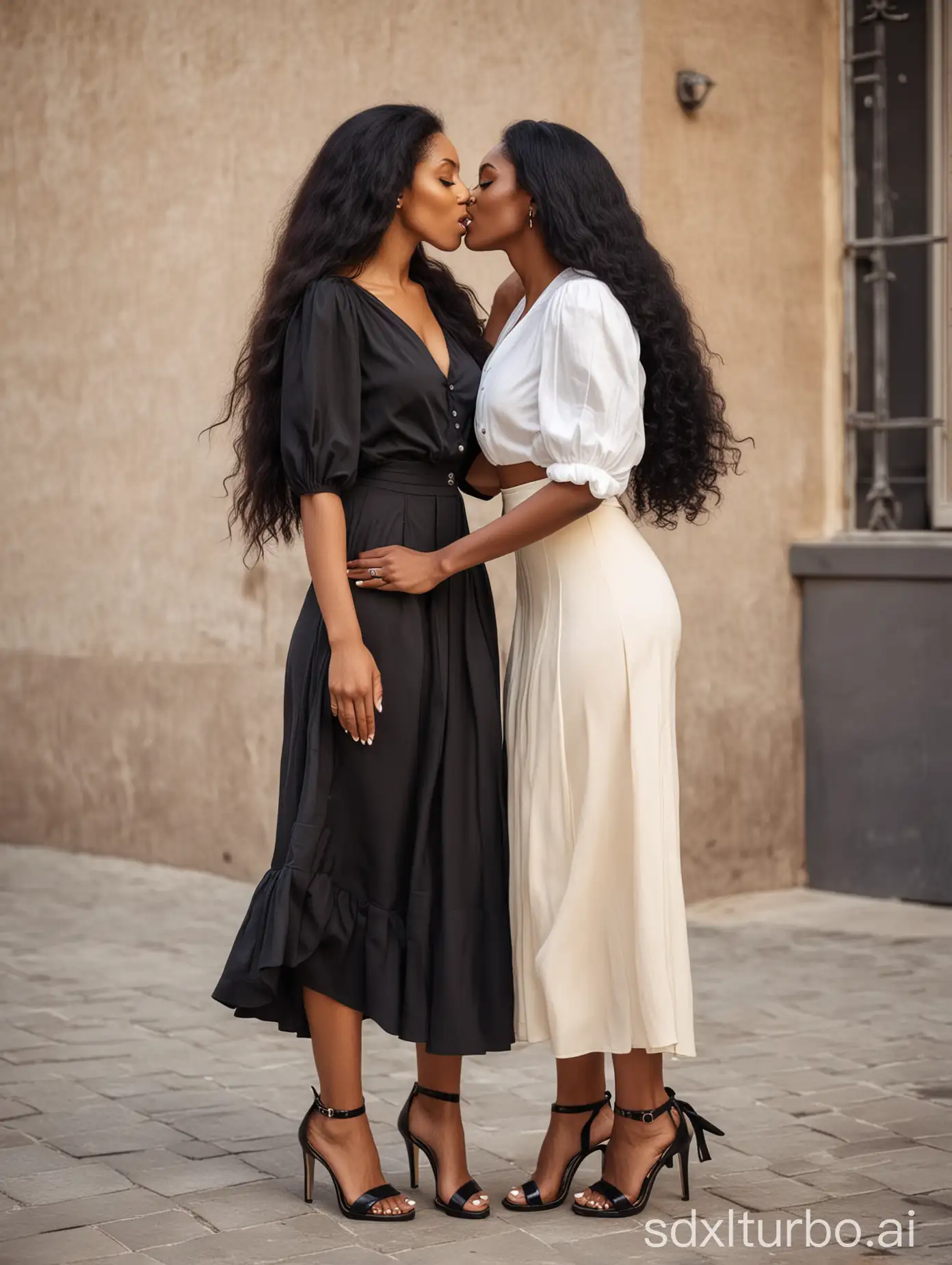 two black woman long hair wears tigth blouse , wears tigth long skirt , wears extreme hig heels plataform sandals , they kiss.