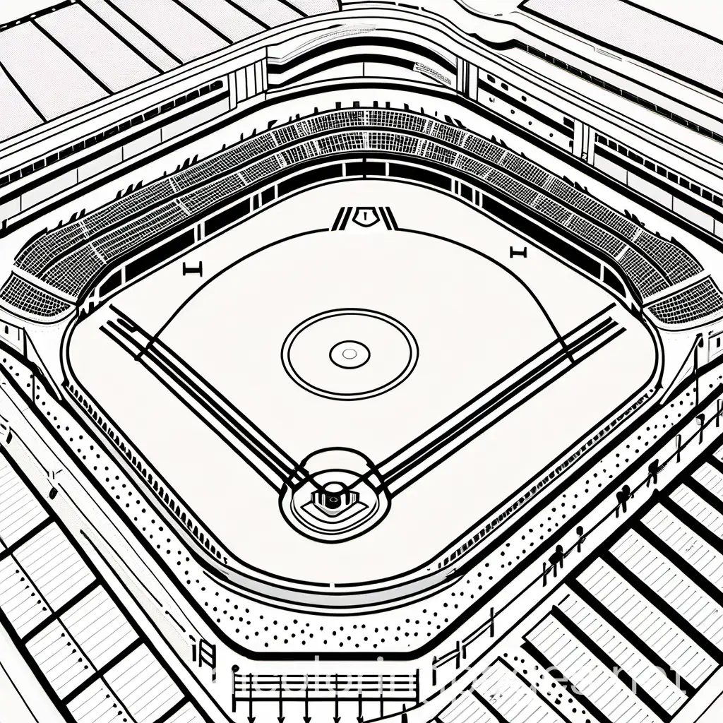 softball field view from the sky,  ample white space, Coloring Page, black and white, line art, white background, Simplicity, Ample White Space. The background of the coloring page is plain white to make it easy for young children to color within the lines. The outlines of all the subjects are easy to distinguish, making it simple for kids to color without too much difficulty