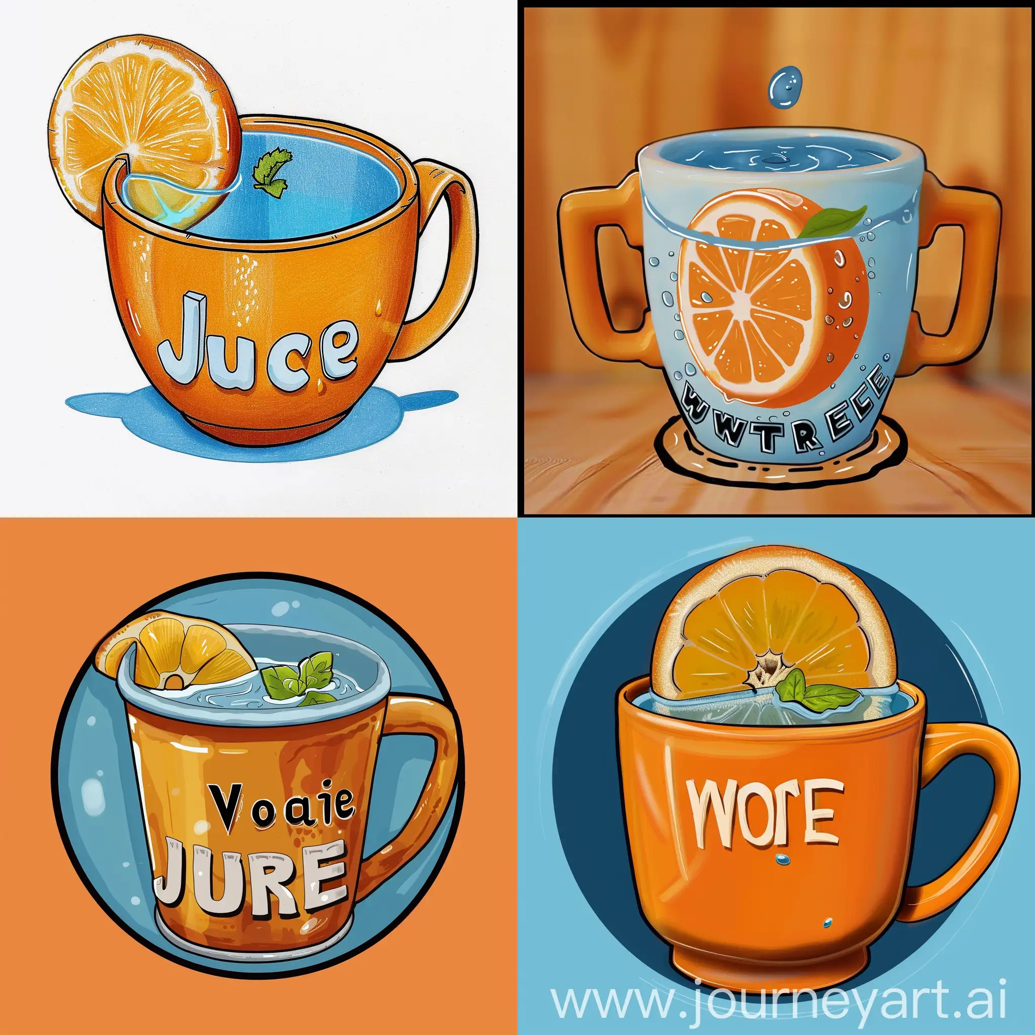 нарисуй такой же  стаканчик как на фото с ручками цвет картины  оранжевый добавь дольку апельсина замени слово woter на  juce