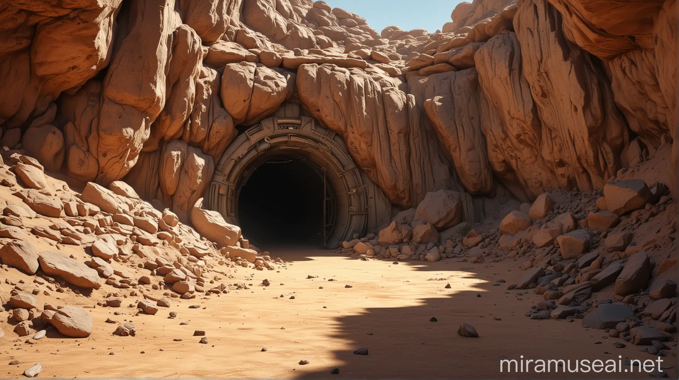 realistic sci-fi movie concept cave, sunny day, desert, cave round gate, bunker
