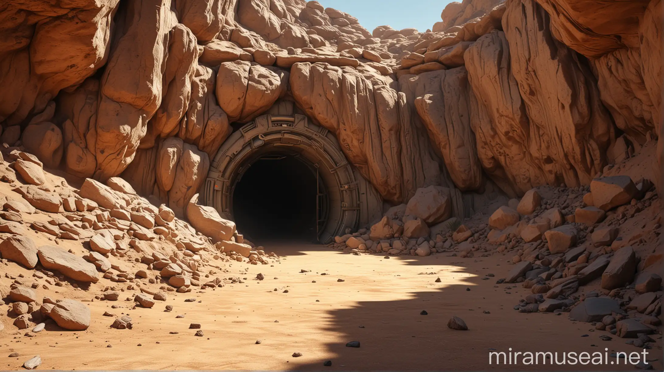 Futuristic Desert Bunker Entrance Under Sunny Skies | MUSE AI