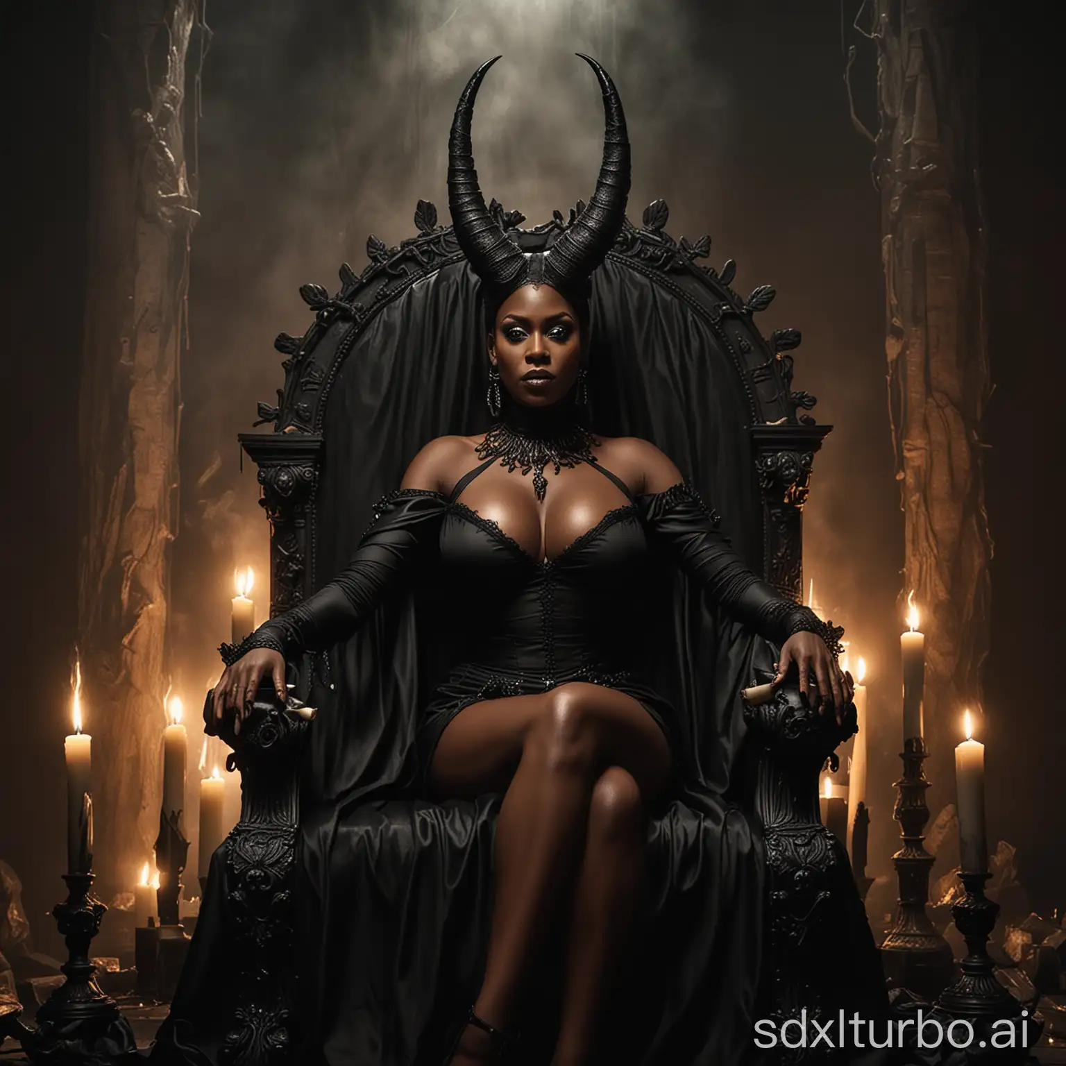 an imposing black woman  with horns on her imposing forehead ,big breasts ,elegantly on a luxurious black throne.  and she exudes an air of authority. She wears a striking black outfit, complete with high-necked black cape and high heels, further accentuating her majestic presence. Two skulls with burning black candles on top rest ominously on either side of it, casting a mysterious yet fascinating shadow. The atmosphere is enchanting, evoking feelings of ancient wisdom, power and mystique