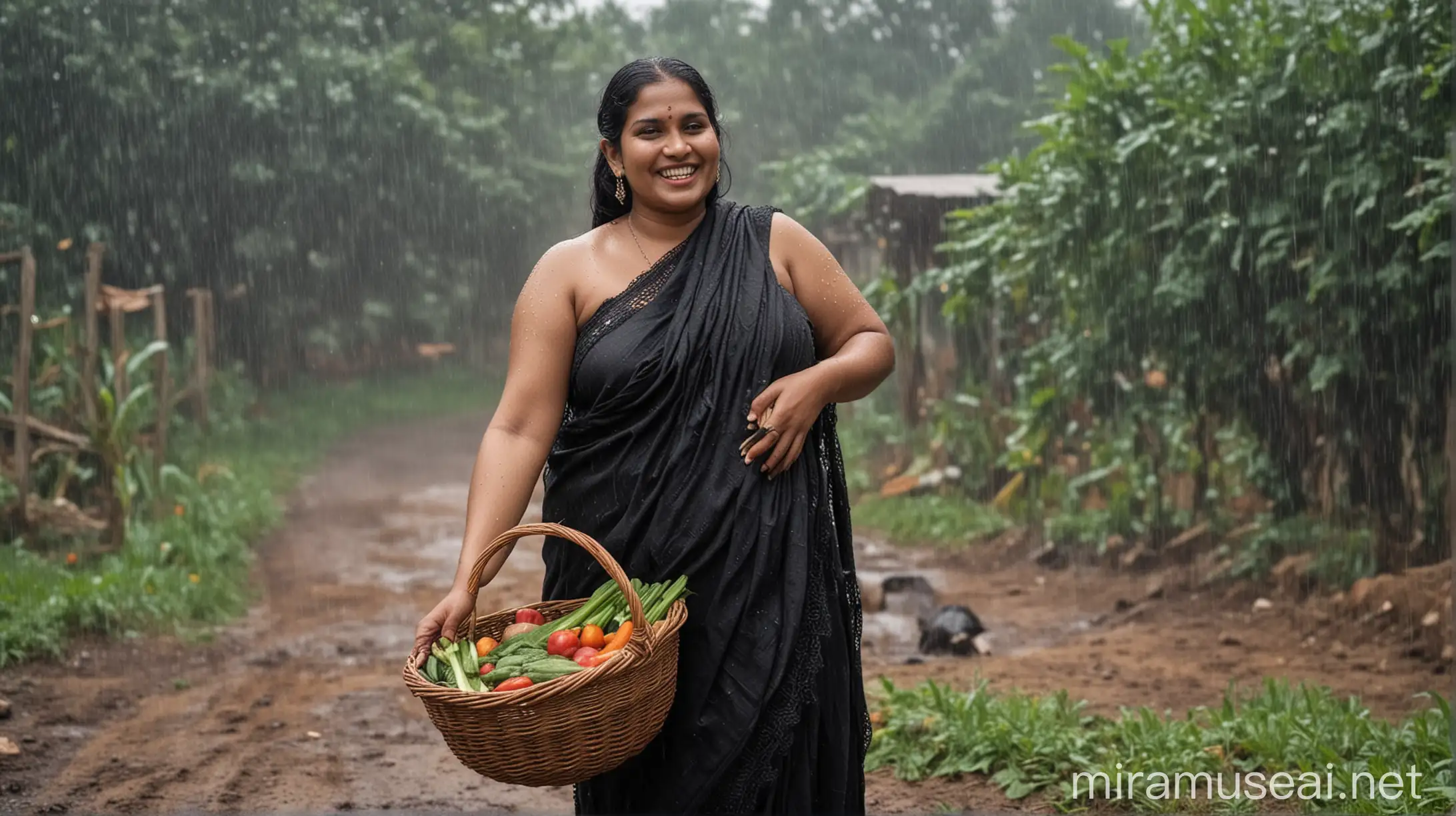 desi mature   very fat aunty 47 years old  fat and wearing sindur, and magalsutra  and wearing a big neck lace  . she has curvy muscular figure.  and she is happy and smiling and laughing and standing near a cow     . she is wearing a black bath towel, she has long thick hair.    its raining . she is standing holding a basket of vegitables.