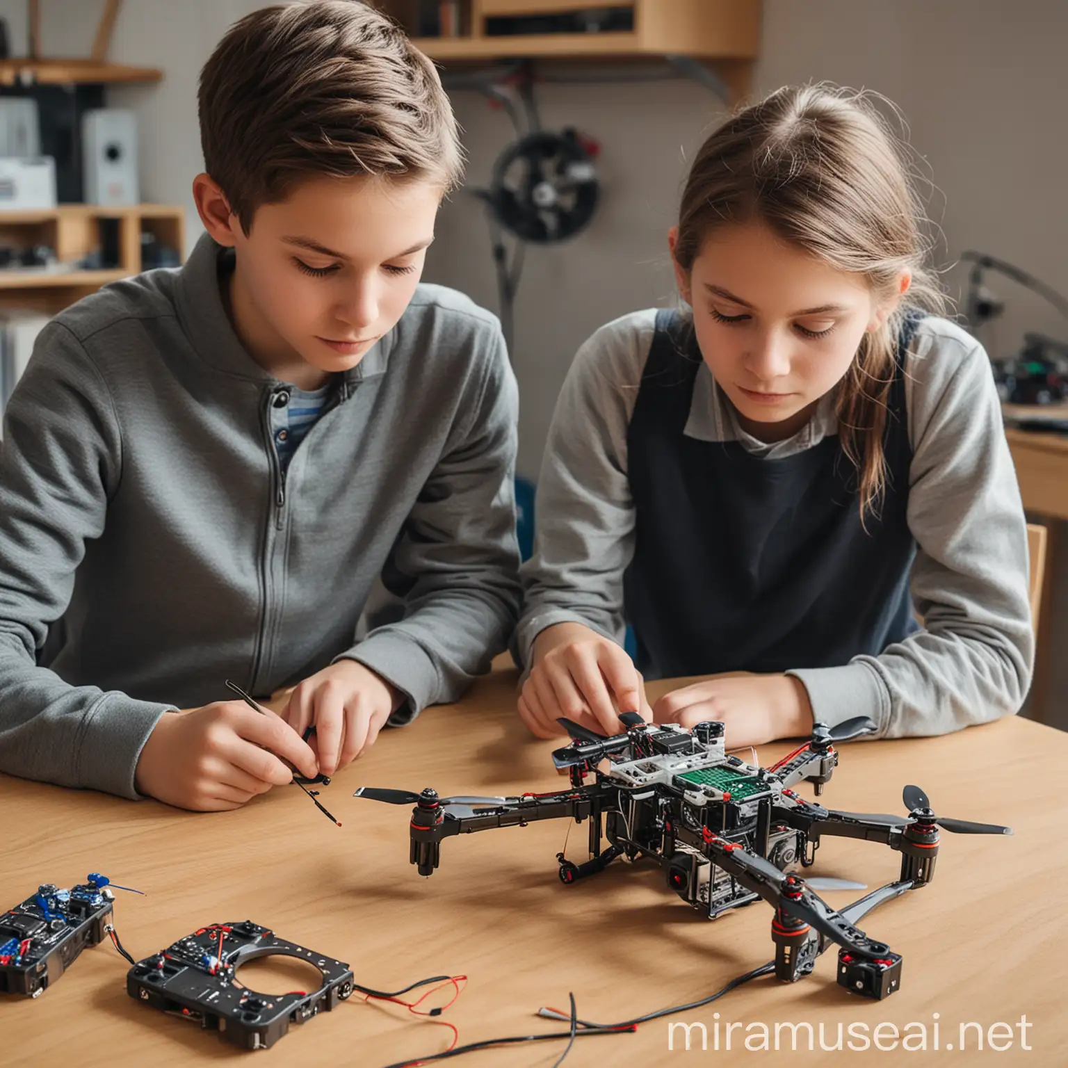 Create a picture of group of 2 children aged 16-17 that are working in a laboratory of racing FPV quadcopter creation course  . They are try to assembly the FPV drone from unassembled parts. They are looking on the drone and very dedicated in their work.