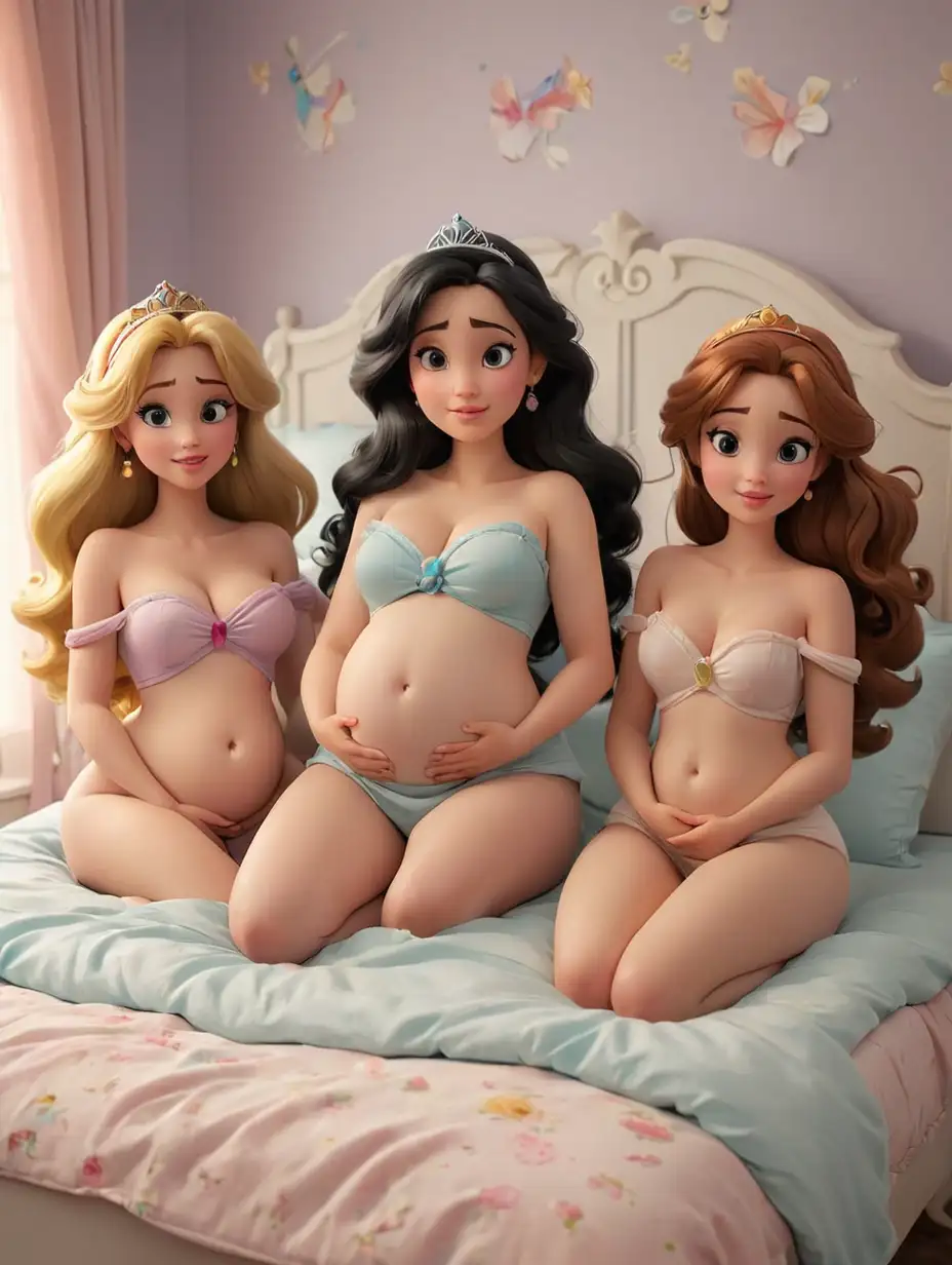Three cute, beautiful, petite, pregnant Disney Princesses naked on bed. 