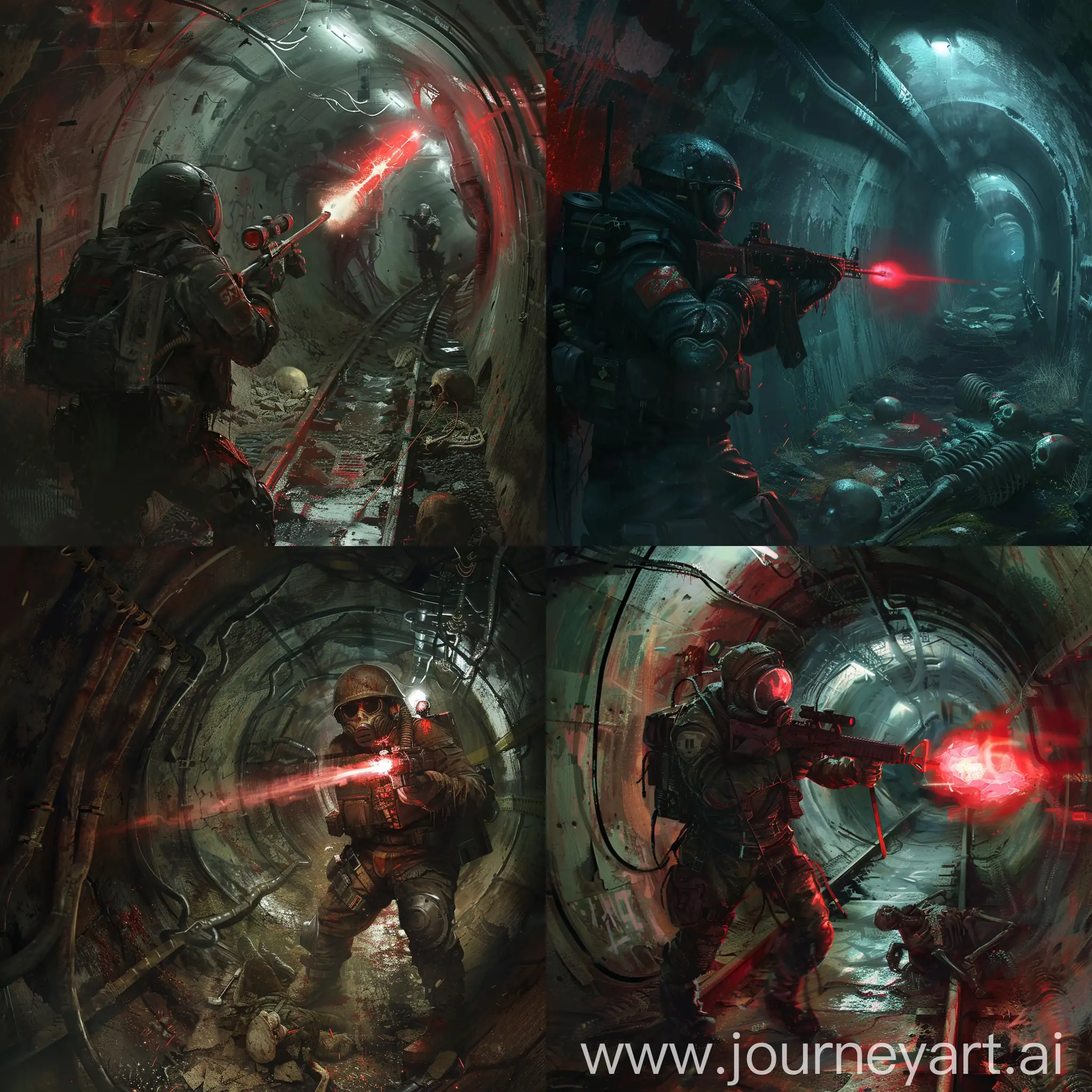 Make concept art for metro 2033, dark, tunnel of an abandoned subway, stalker in homemade metal armor with chemical protection elements and a gas mask, in military unloading from the Soviet era, in one hand he holds an SVD sniper weapon, with the other he holds a red flashfire, with which he illuminates the path inside a dark tunnel, you can see different mushrooms on the wall and the corpses of skeletons on the ground, the atmosphere is gloomy, scary.