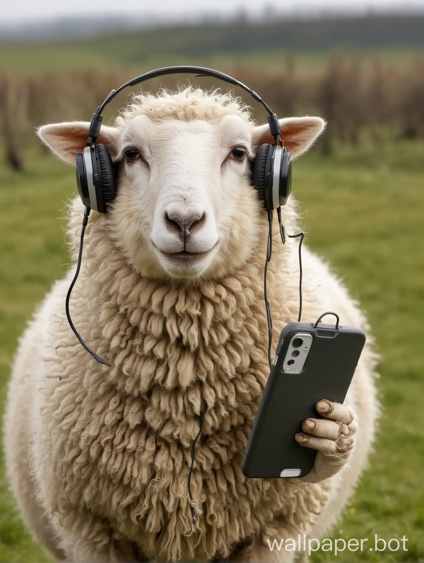 One sheep holding the mobile phonenHe puts headphones on his ears
