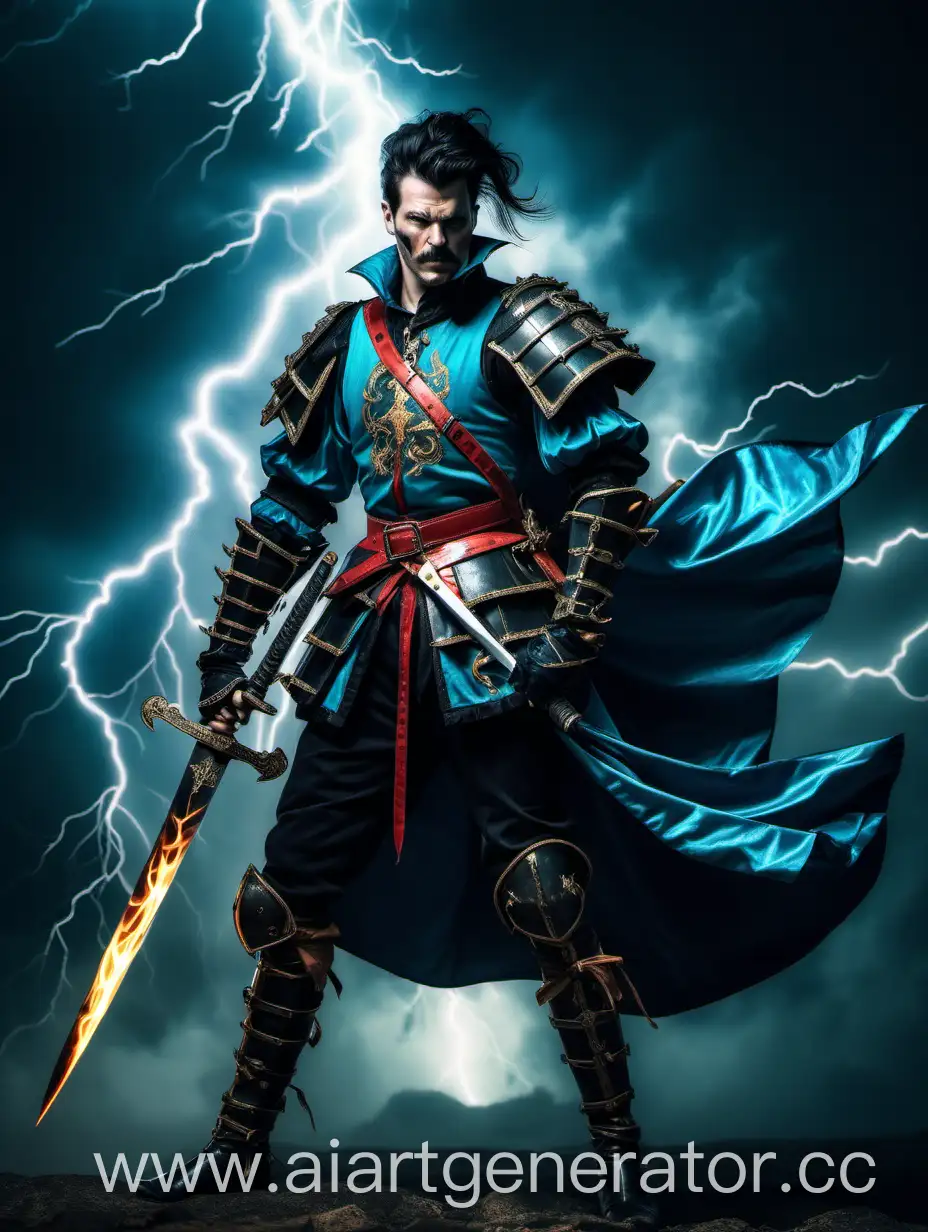 DarkHaired-Landsknecht-in-Black-Turquoise-Clothing-with-a-Flamboyant-Lightning-Sword