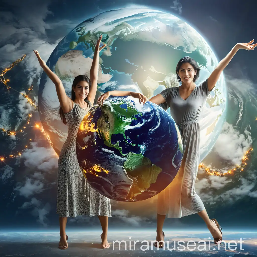 Three women's hands holding up one earth.