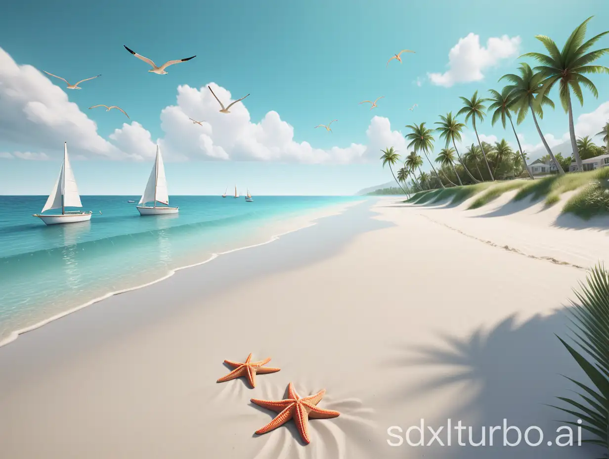 Create an image of a clean beach, front upward angle, The beach takes up three-quarters of the image, Features include soft sand, palm trees on either side, a calm turquoise ocean with small waves, a starfish near the water's edge, sailboats on the horizon, seagulls in the sky, and distant green hills. The style should be vibrant, detailed, and evoke a peaceful, tropical paradise, 3D render