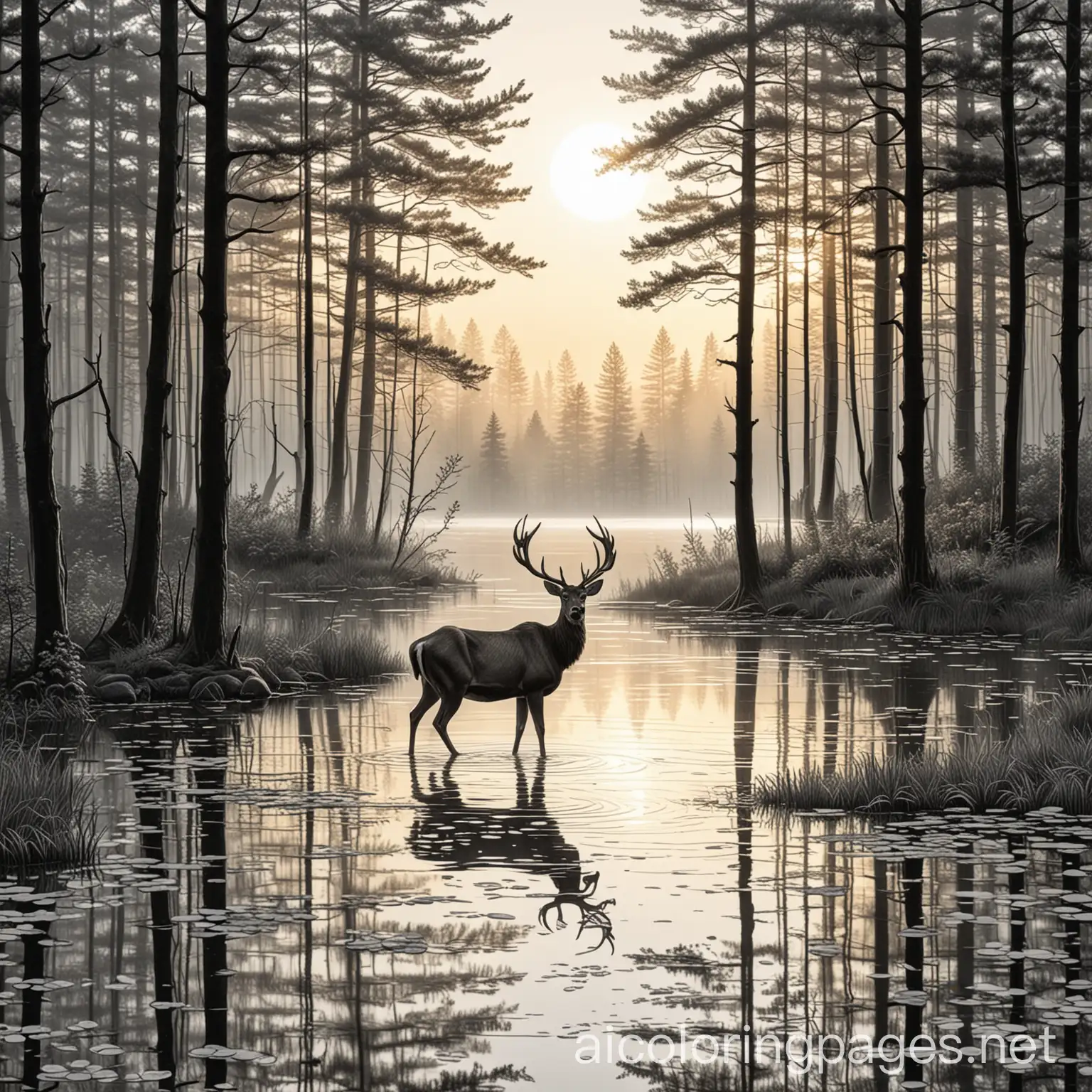 A silhouette of a majestic deer standing amidst gentle ripples in a tranquil forest pond, under the radiant glow of a setting or rising sun that casts an ethereal light through dense coniferous trees; evoking feelings of serenity and awe., illustration, painting, cinematic_; Coloring Page, black and white, line art, white background, Simplicity, Ample White Space. The background of the coloring page is plain white to make it easy for young children to color within the lines. The outlines of all the subjects are easy to distinguish, making it simple for kids to color without too much difficulty