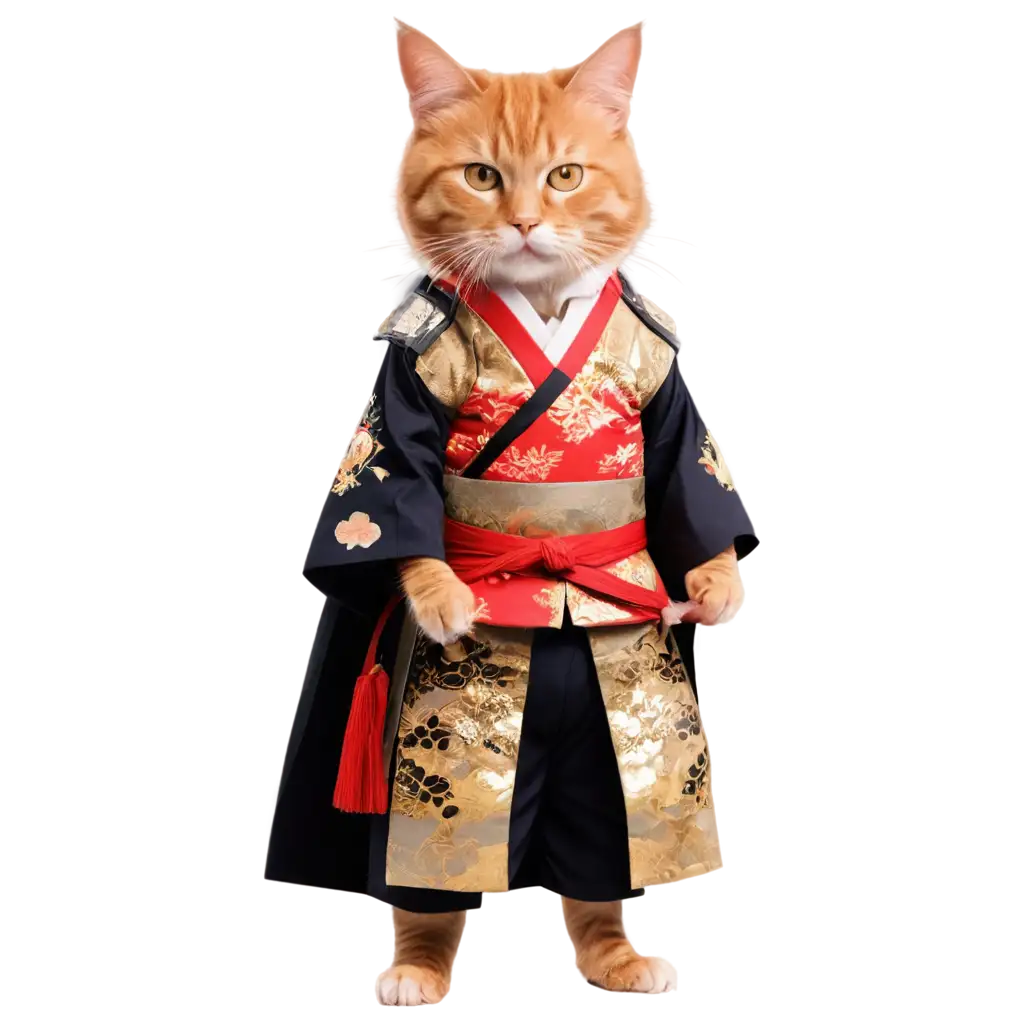 Create an artwork of a robust ginger tabby cat dressed as a traditional samurai. The cat should appear serious and noble, standing upright on its hind legs. It should be wearing a detailed samurai armor in red and gold colors, complete with a helmet that has a headband marked with Japanese kanji. The cat should have a pair of katana swords sheathed on its back. In the background, include a large, faded red sun, adding a dramatic and historical Japanese feel to the image. The style should be slightly weathered and vintage, like a traditional woodblock print.