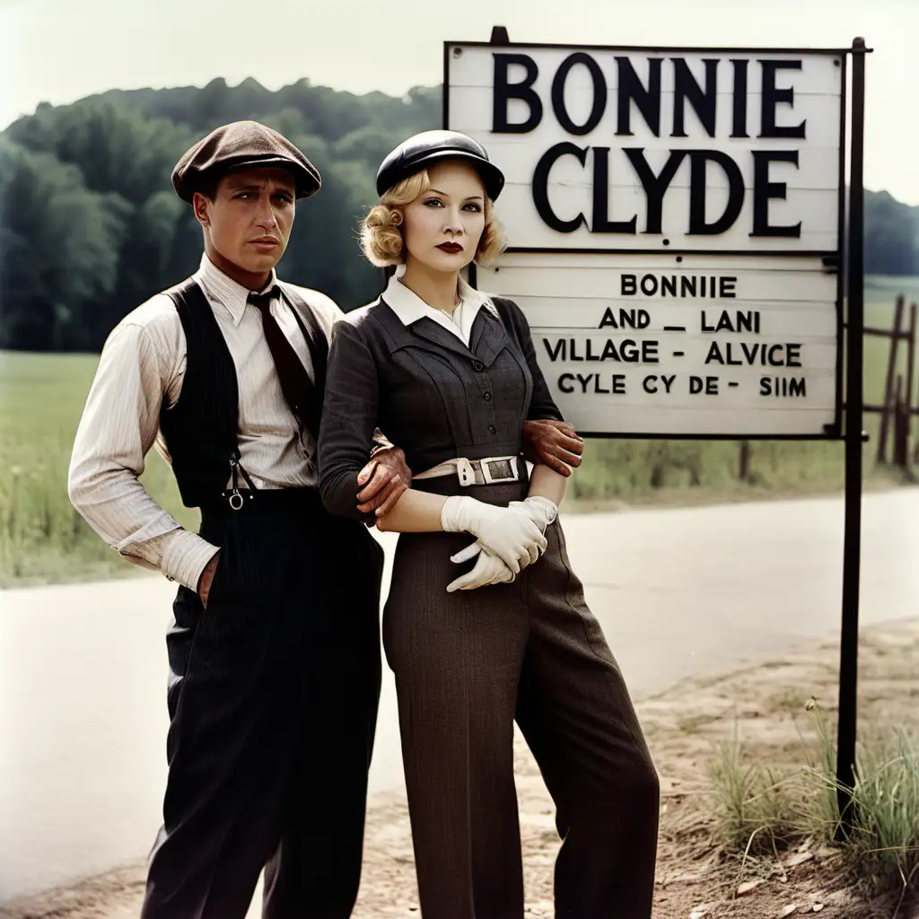 bonnie and Clyde leaning on a blank village sign