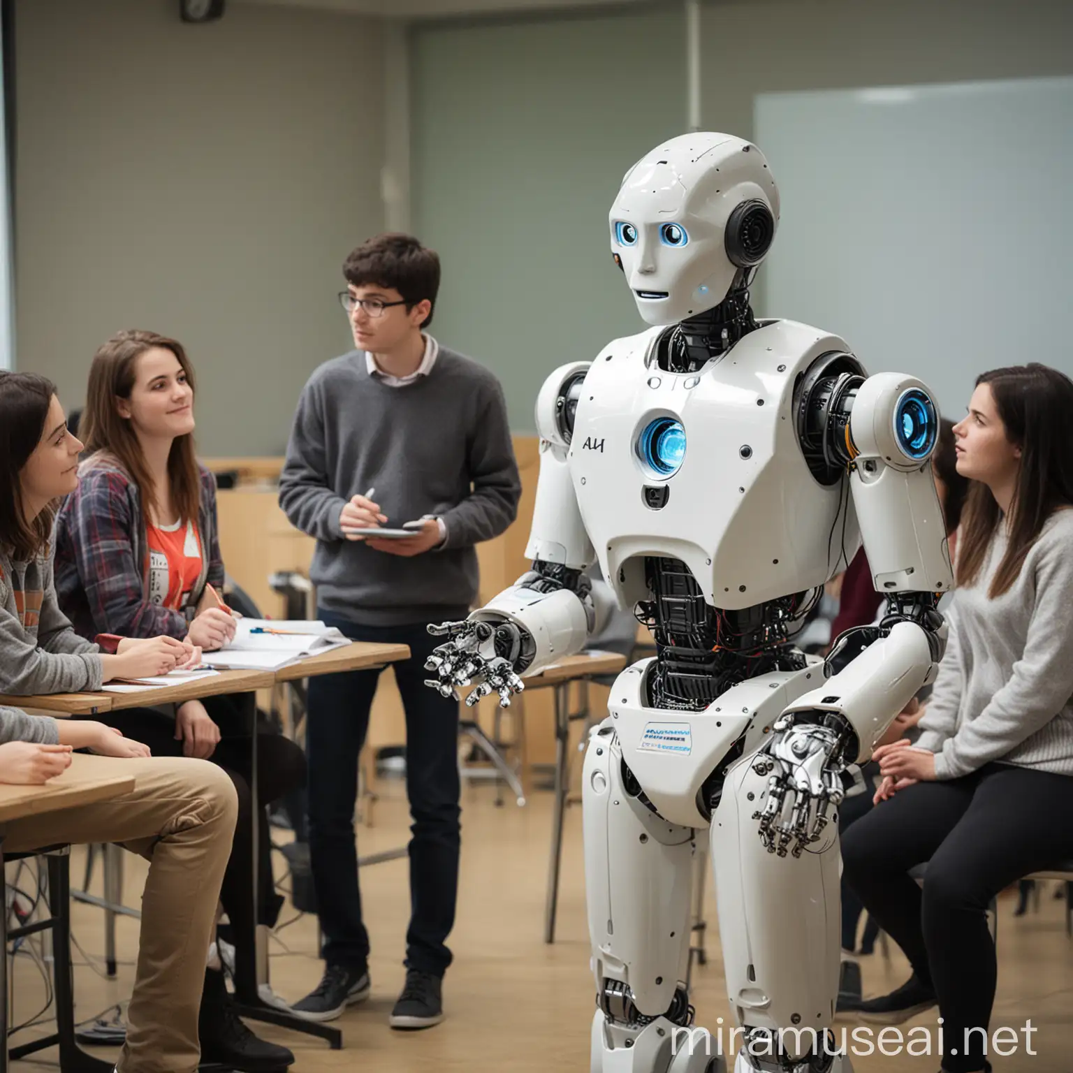 Un formateur devant des étudiants adultes demandant des conseils à un robot