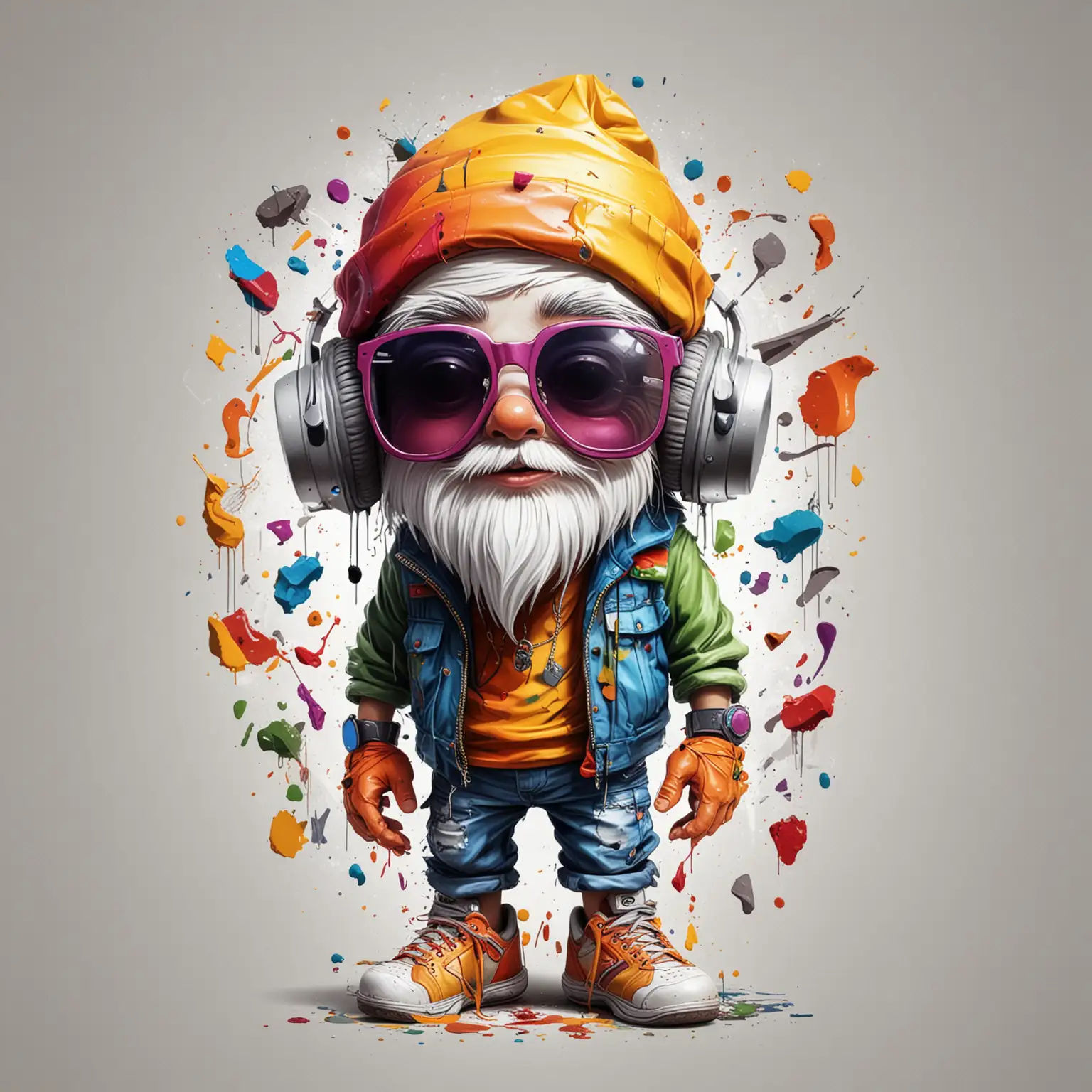 Colorful Abstract Hip Hop Hover Gnome Listening to Music with Graffiti Cartoon Style