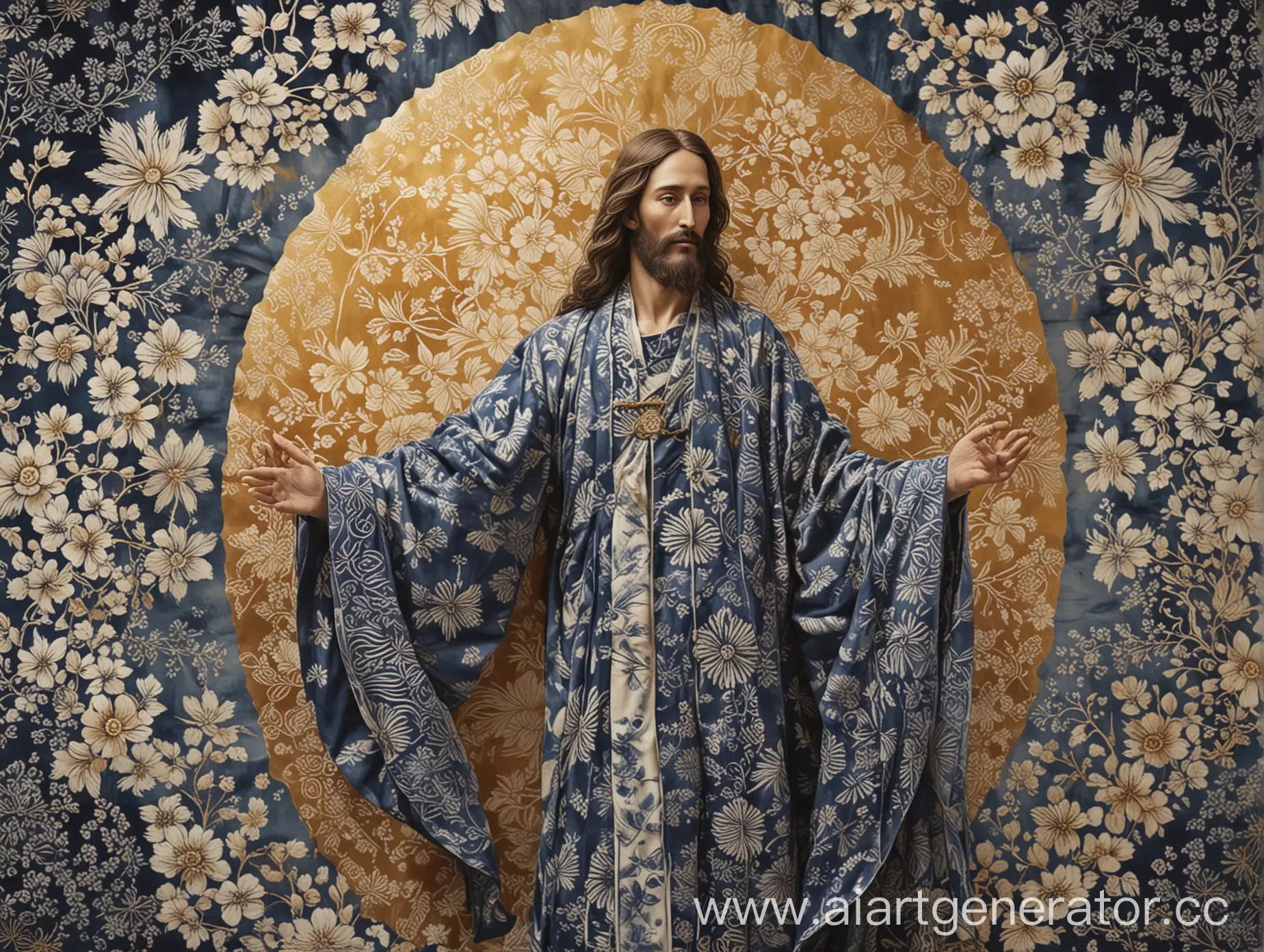 Create an image of Jesus depicted in the Shibori style, incorporating the traditional Japanese tie-dye technique with intricate patterns and vibrant colors. The overall style of the illustration should be inspired by the Palekh school of Russian iconography, characterized by its detailed and ornate design, rich colors, and gold accents. Jesus should be portrayed with a serene expression, traditional robes with intricate Shibori patterns, and a radiant halo. The background should feature elements typical of Palekh art, such as elaborate floral designs and a sense of depth and dimension.