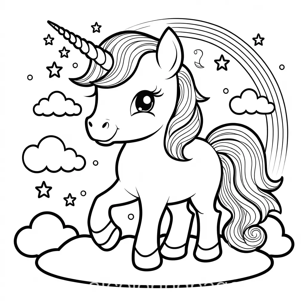 cartoon cute unicorn  with a magic fairy and beautiful clouds and rainbows easy an simple to color 
, Coloring Page, black and white, line art, white background, Simplicity, Ample White Space. The background of the coloring page is plain white to make it easy for young children to color within the lines. The outlines of all the subjects are easy to distinguish, making it simple for kids to color without too much difficulty