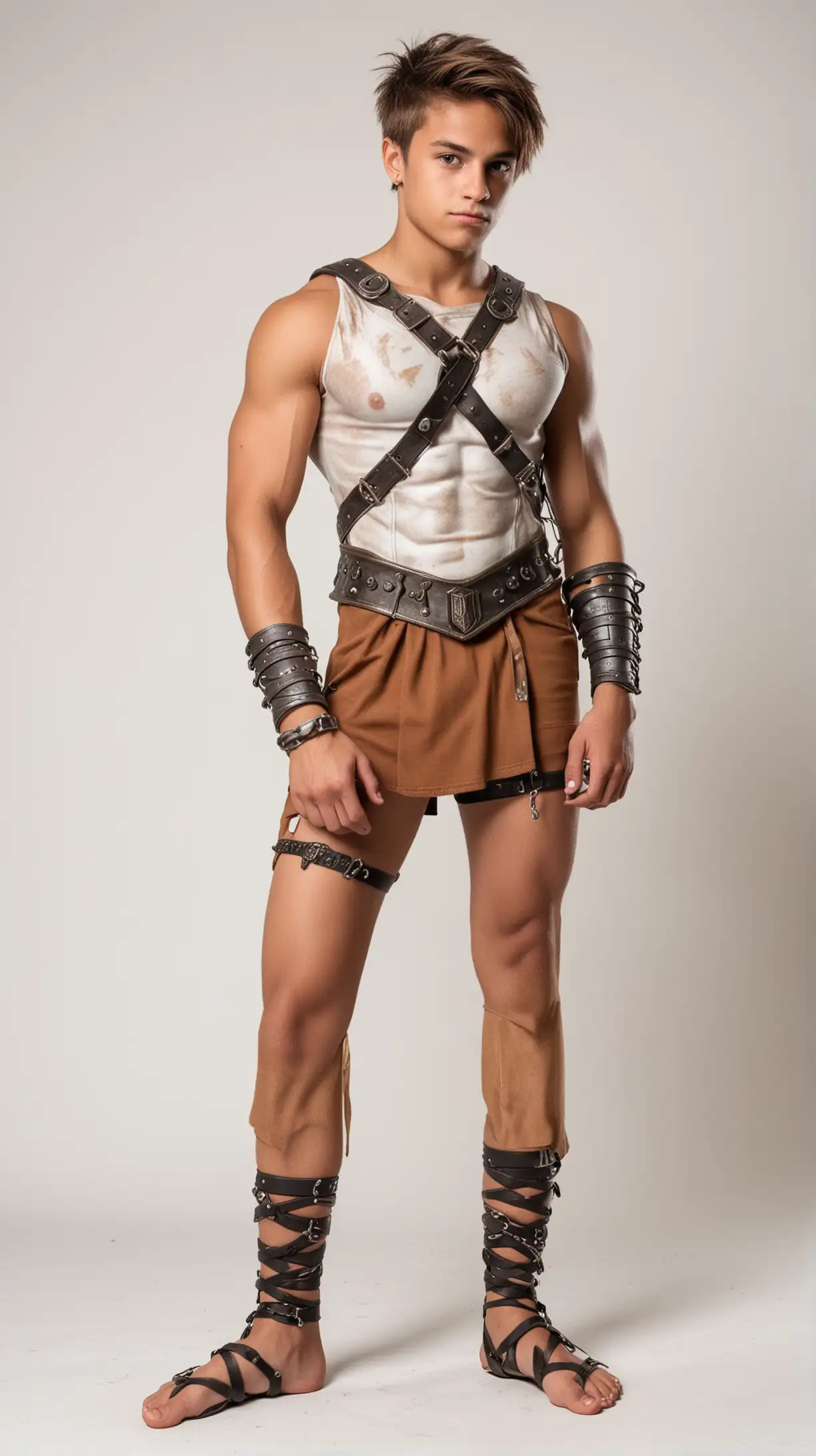 white background, side view, cute tanned 18-yr old sklm muscular boy, sexy cosplay, Spartan slave-boy costume ,  tiny crotch length micro-mini-skirt, ankle bracelet,  bare upper thighs,   wrists and ankles chained together