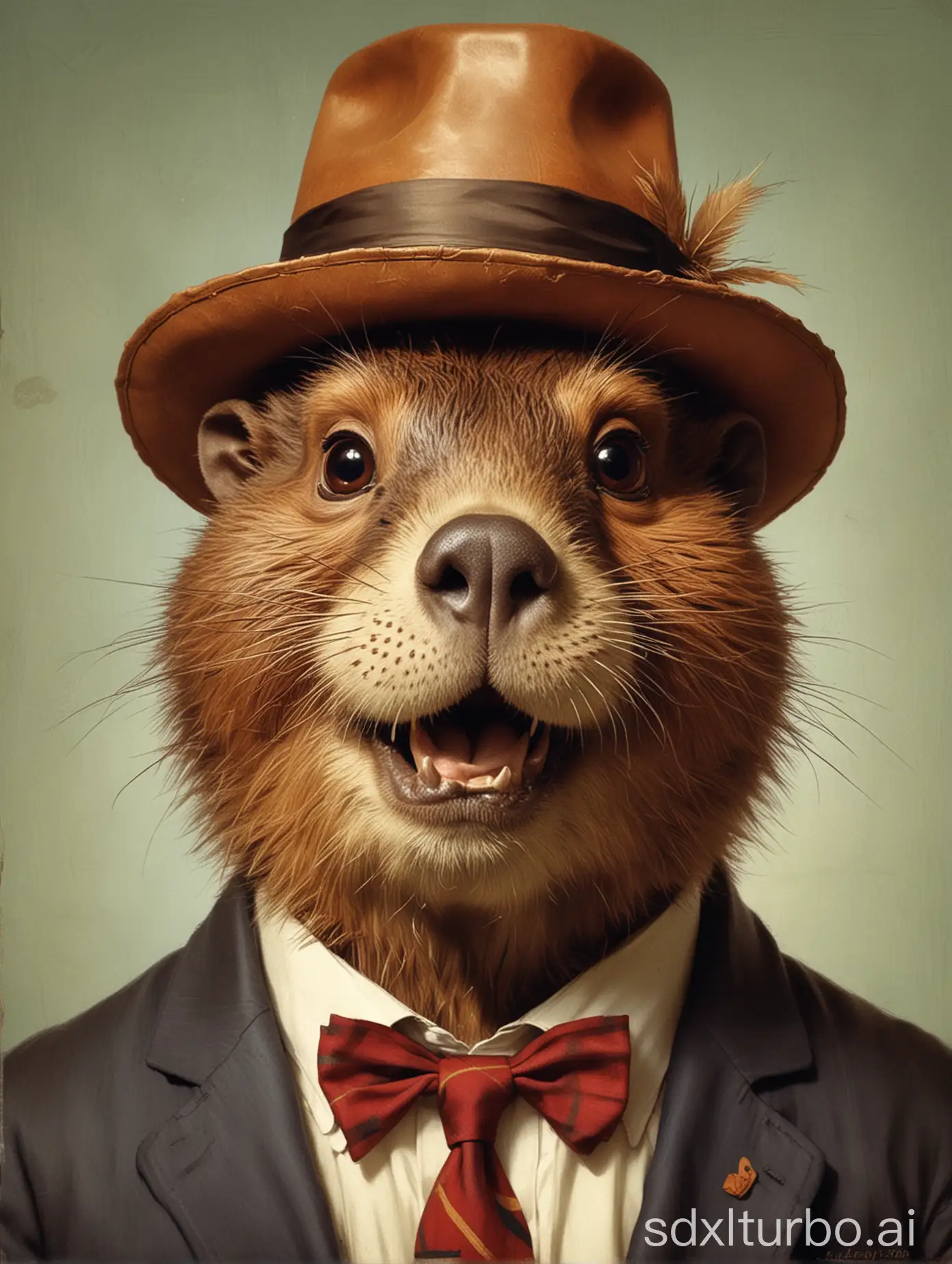 Create an illustration of a beaver in a laughing hat that looks cheeky and disheveled, and let it have big eyes. Let him look forward, full-face. The beaver should be dressed in a suit and tie, with slightly tousled hair and a sweet expression on his face. The style should resemble illustrators of the mid-20th century, such as Norman Rockwell, with a touch of originality and humor. The background should be simple to emphasize the character and personality of the beaver