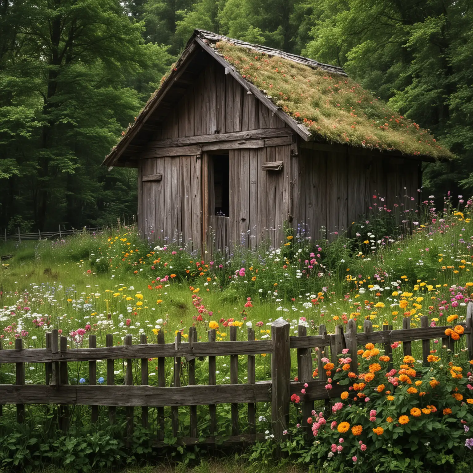Rustic Charm Old Wooden Hut Surrounded by Forest and Flowers