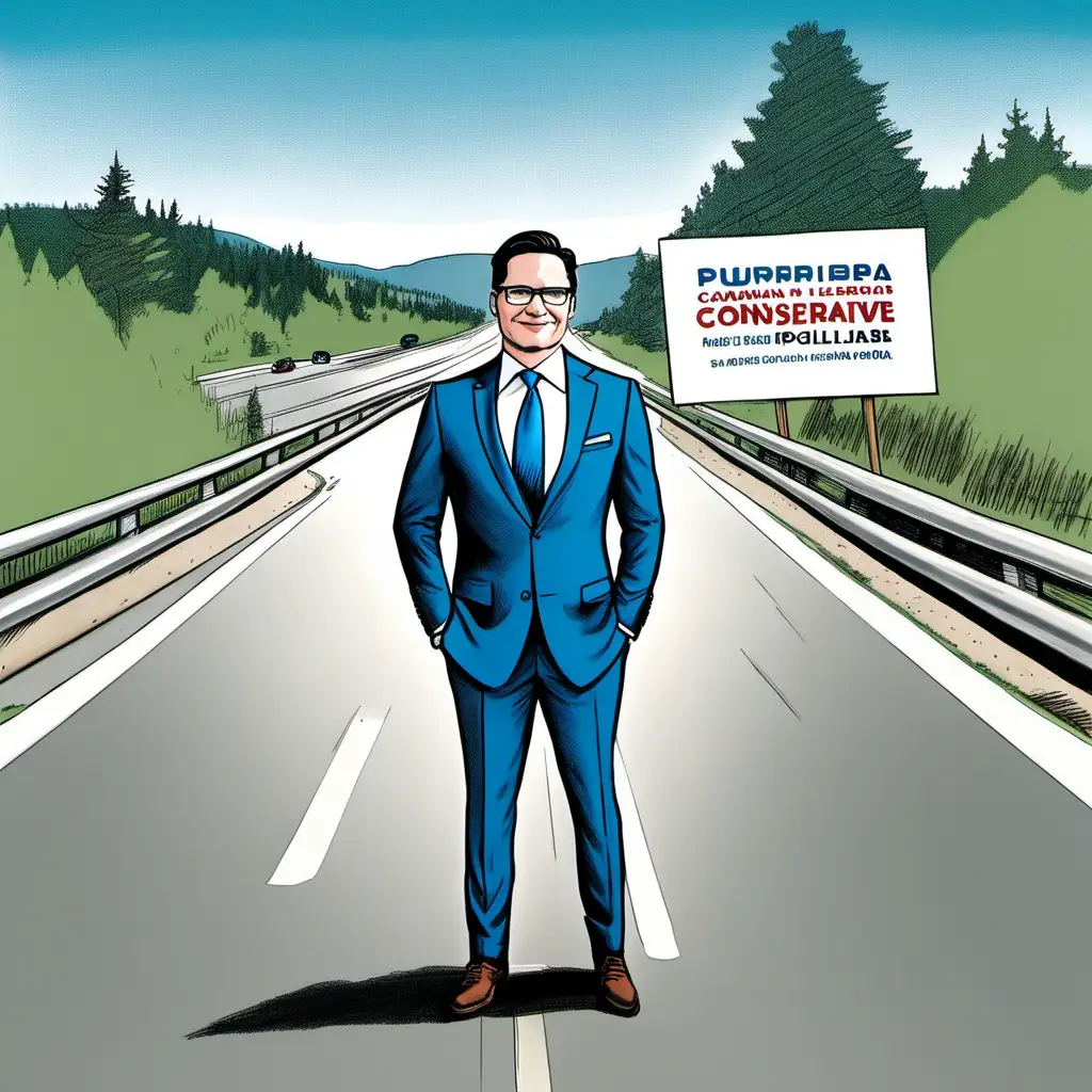 Canadian Conservative leader Pierre Poilievre stands by the side of a highway holding a big white placard in both hands, facing forward. The sign is facing towards us. He is wearing glasses, smiling and wearing a blue suit and muscly. In the style of a political cartoon.