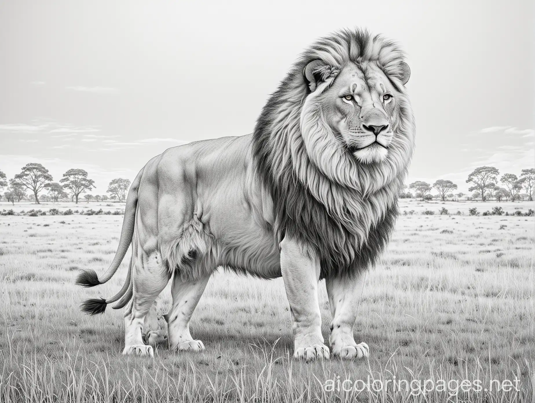 a big lion, full body, in a field, coloring page, Coloring Page, black and white, line art, white background, Simplicity, Ample White Space. The background of the coloring page is plain white to make it easy for young children to color within the lines. The outlines of all the subjects are easy to distinguish, making it simple for kids to color without too much difficulty
