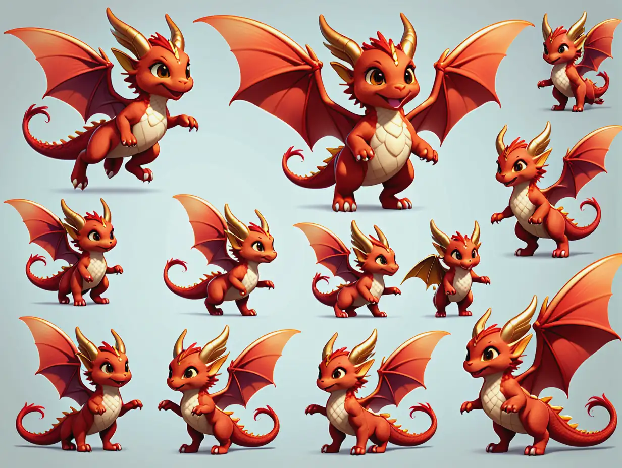 a sprite sheet featuring different poses of an adorable fey dragon flying with golden brown eyes, fairy-like wings tinted red. The character should have a playful demeanor. Each pose should convey a different action or emotion, such as flying, laughing, sleeping, thinking, and smiling.  The background should be transparent to focus on the character’s design.