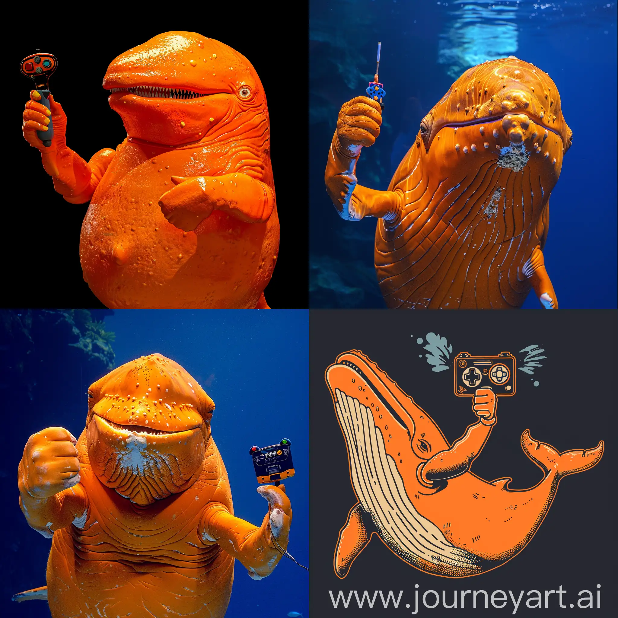 Smiling-Orange-Whale-Holding-Joystick-and-Waving-to-Camera