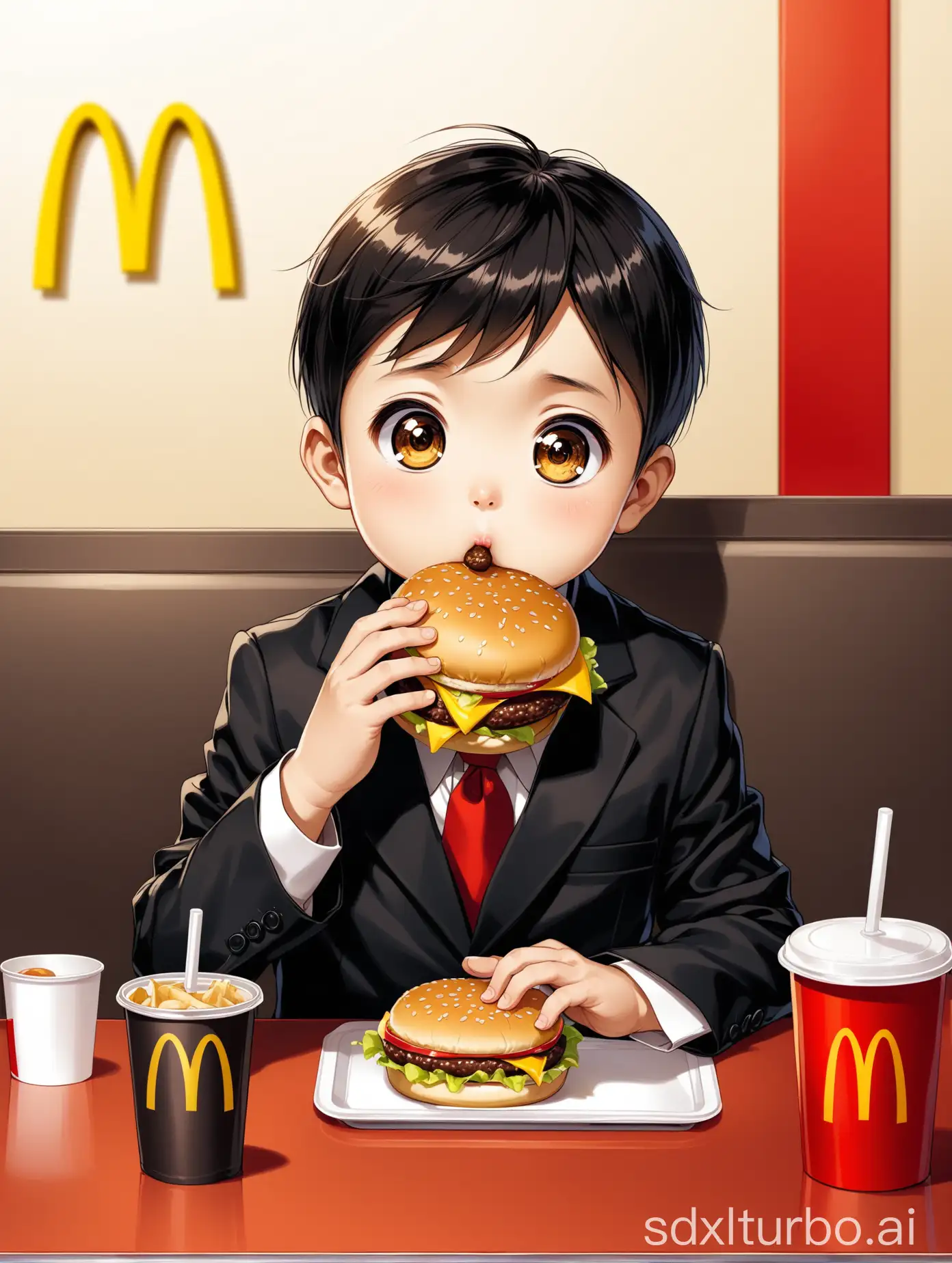 A 7-year-old Chinese boy, with big eyes, wearing a black suit, sitting at a McDonald's table, eating a hamburger.