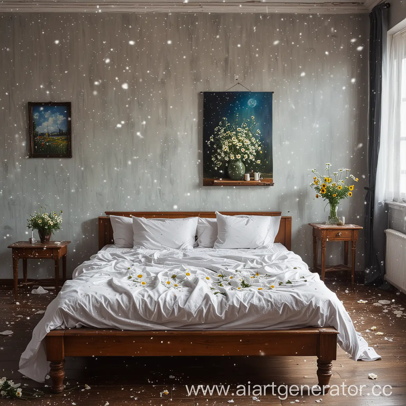 Cozy-Bedroom-Scene-with-Snowfall-Chamomiles-and-Rocket-Statuette