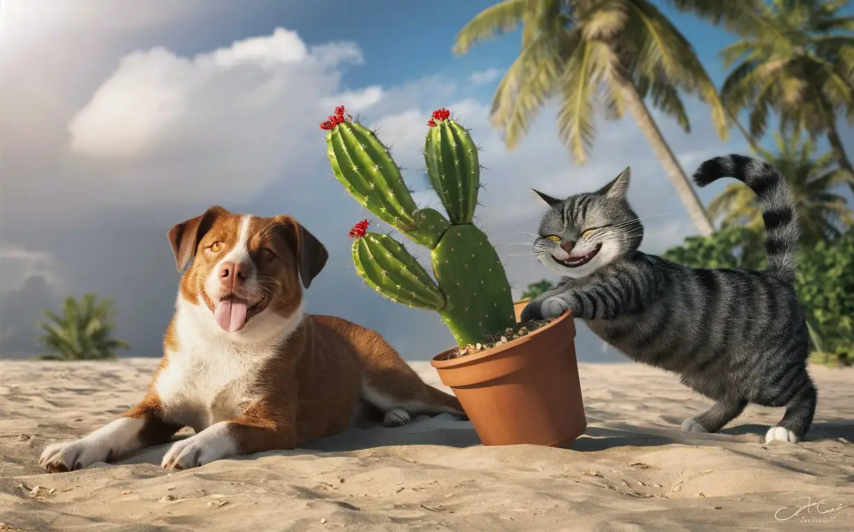 This image depicts a playful and humorous scene set on a beach. A brown and white dog is sitting on the sand with a happy and relaxed expression, oblivious to what is happening behind it. Behind the dog, a mischievous gray and black striped cat is pushing a potted cactus towards the dog's backside, appearing to be up to some playful antics. The background features palm trees and a partly cloudy sky, adding to the tropical and sunny atmosphere of the scene. The overall vibe is lighthearted and comical, capturing a moment of playful interaction between the cat and the dog.