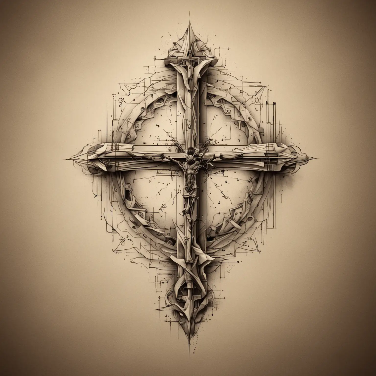 custom conceptual geometric tattoo design, illustration with realism and symbolism, holy cross, Salvador Dali