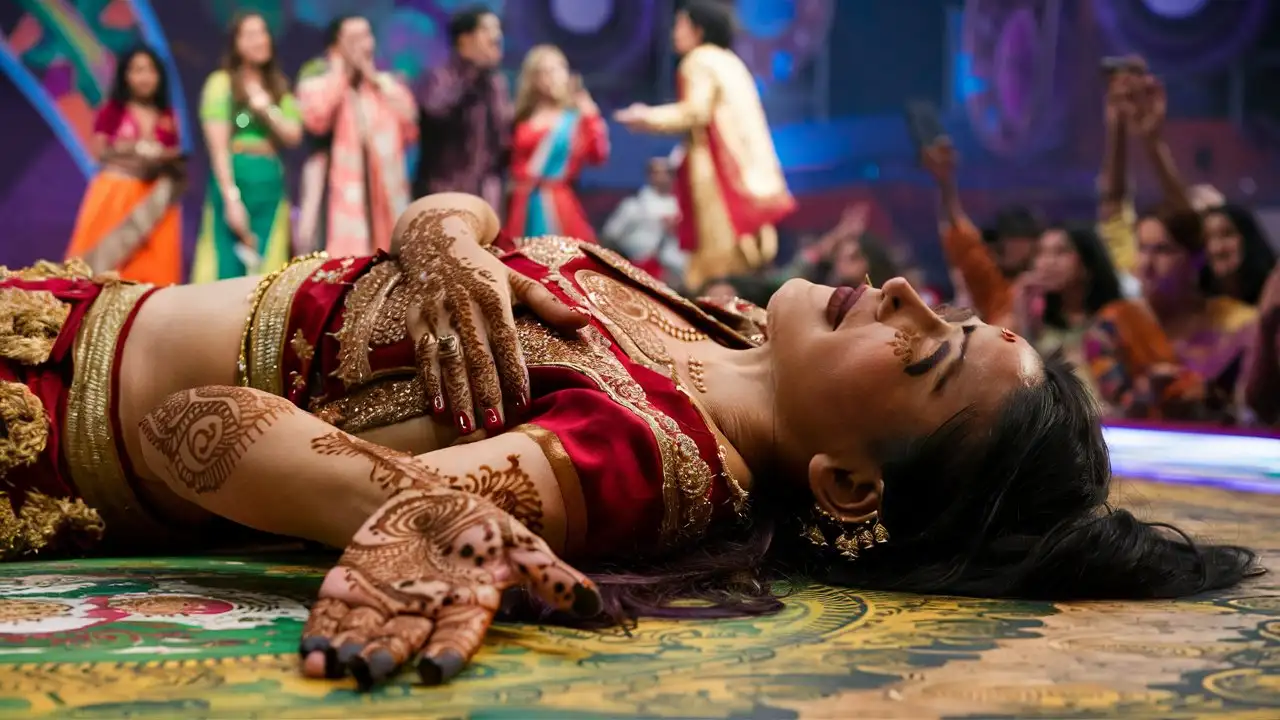 A Indian women has fallen unconscious on the stage, mehndi is applied on her hand, some people are looking shocked 