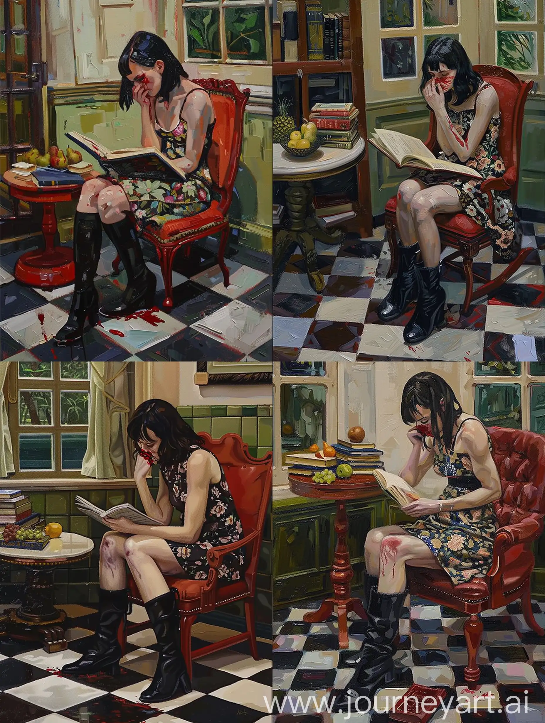 oil painting of a woman seated on a red chair, absorbed in reading a book with bleeding nose. She is dressed in a sleeveless floral dress and black knee-high boots, set in a room with a checkered floor. A round table with books and fruit is beside her, with a window showing greenery outside. The painting style is realistic, emphasizing light and shadows in van gogh