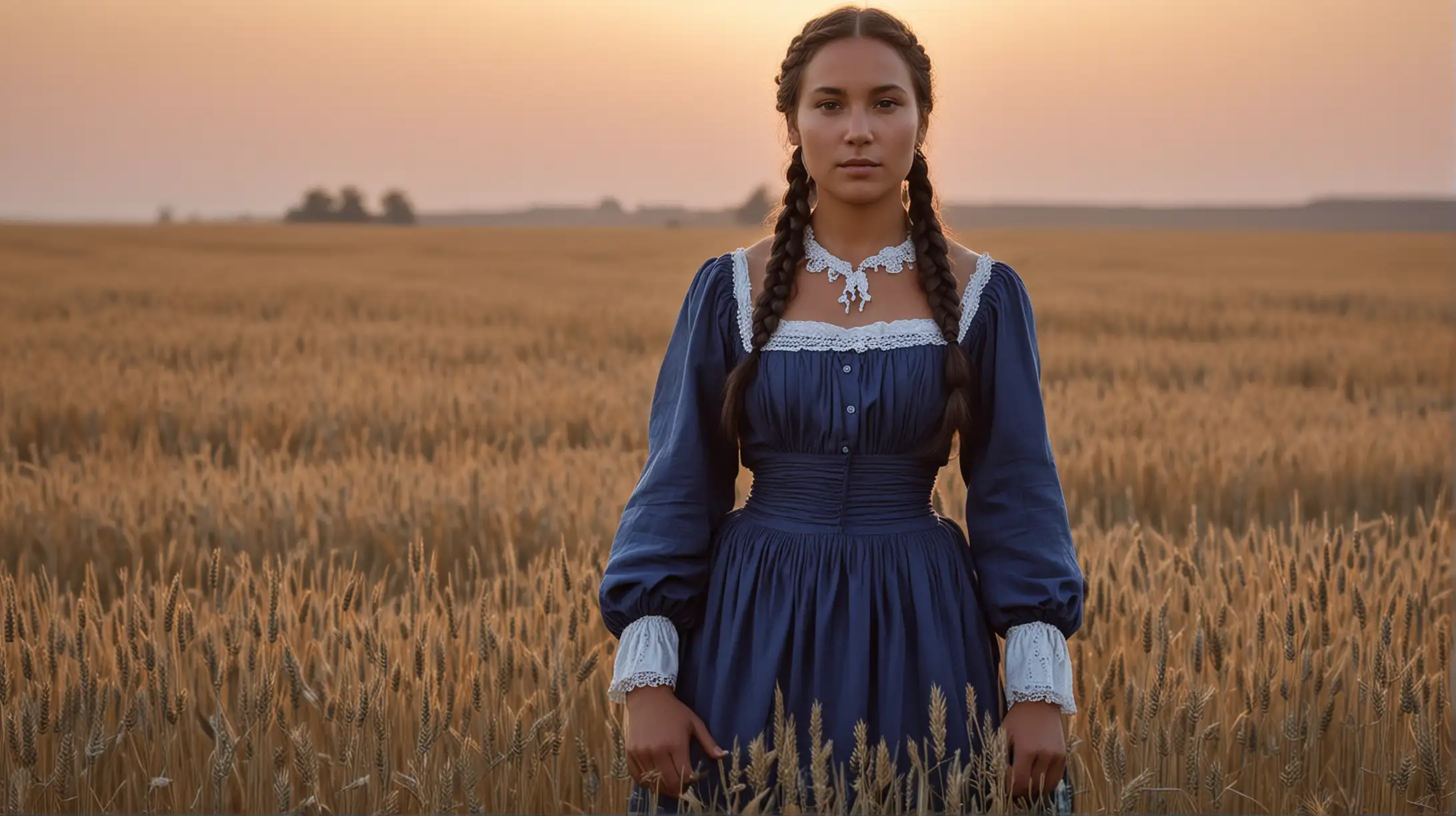 Metis Native Woman in Blue French Dress Standing in Sunset Wheat Field 1880s