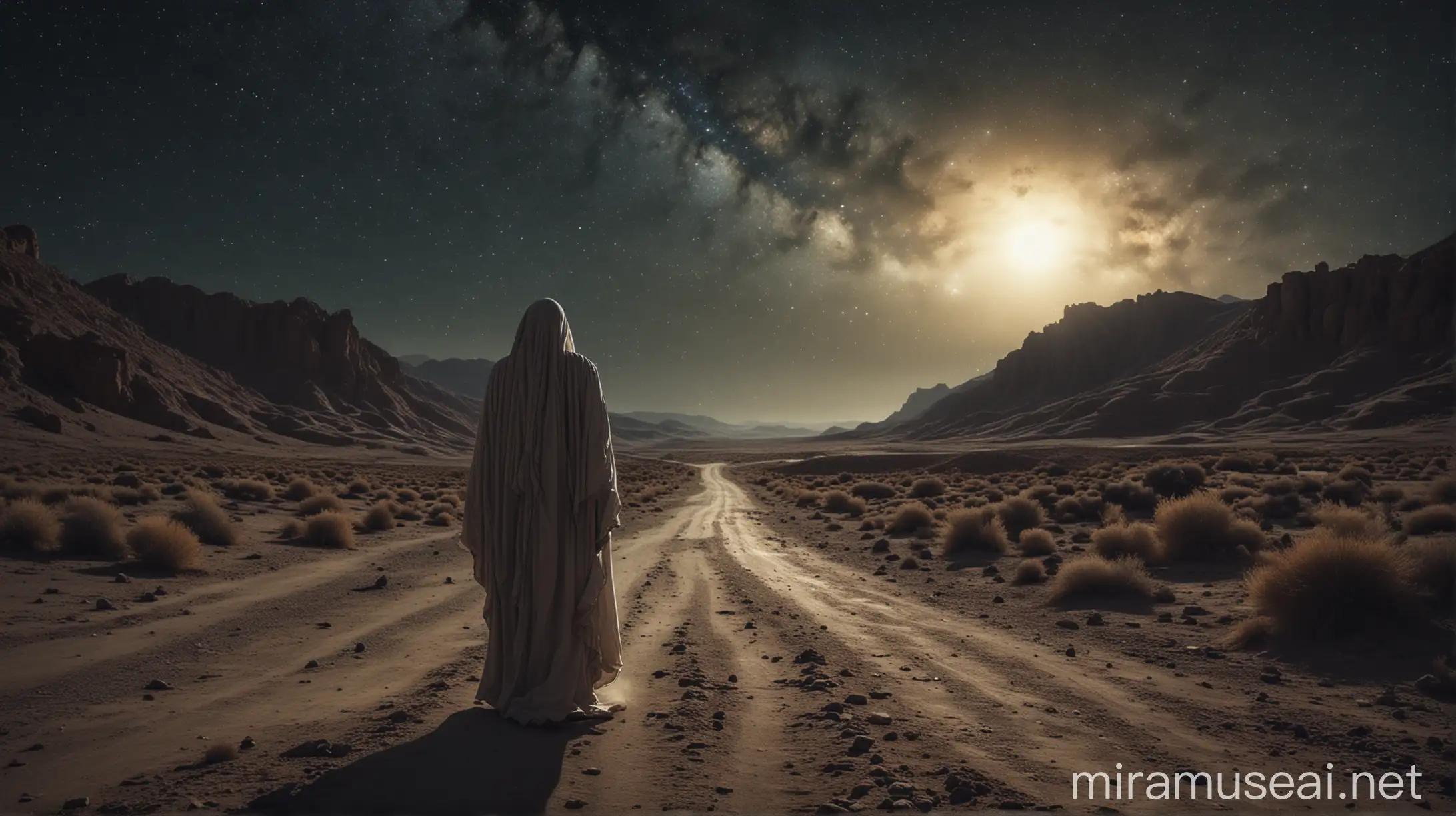 ghost in iran, in the scary night, real image, with details, 8k, sky, Old texture in the desert