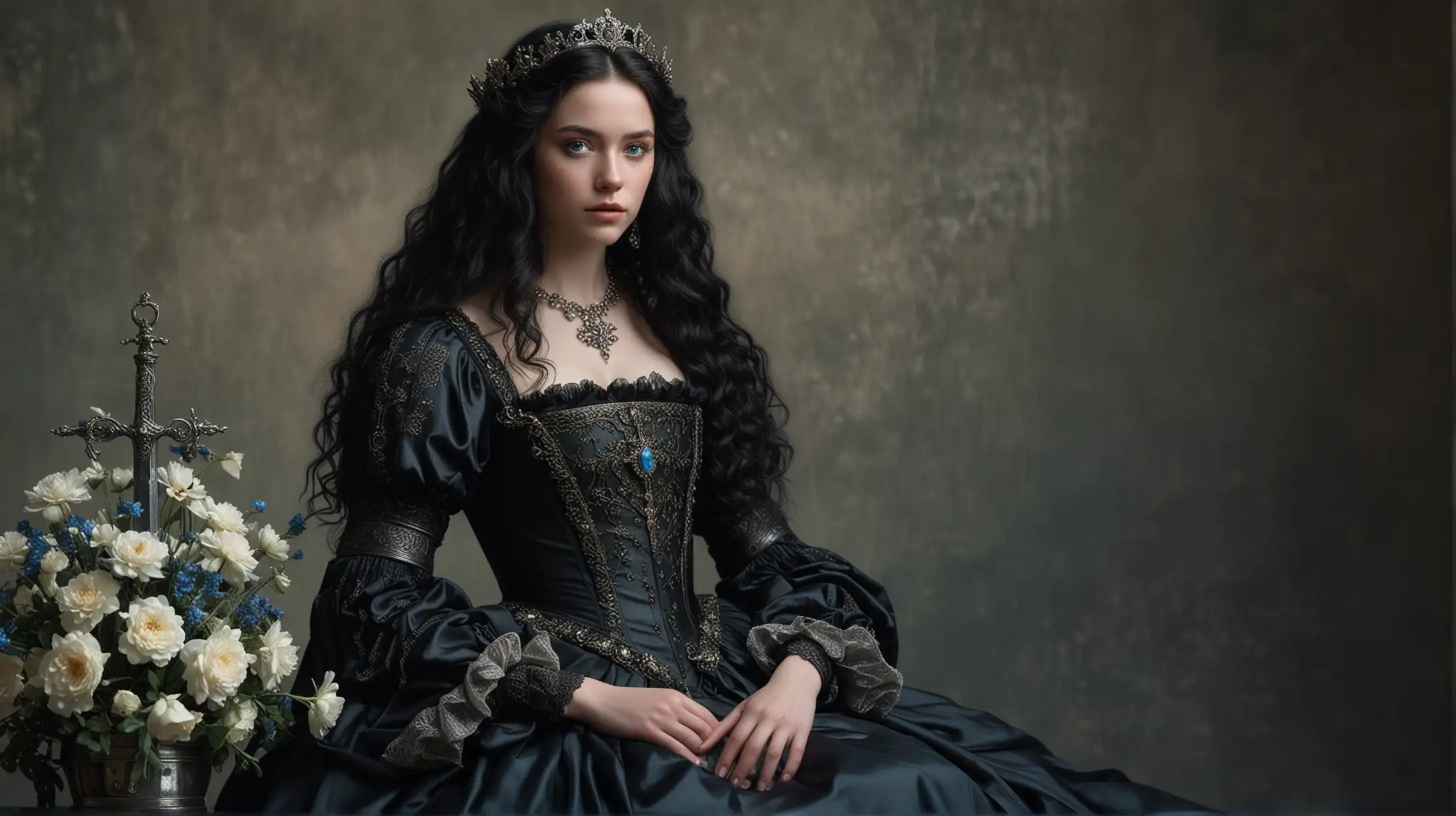 dark moody photo realistic soft focus full body portrait, girl with pale skin, slender neck, cristal blue eyes, all her face features in great detail, very long frizzy black hair. she wears a baroque dress that falls on covering the whole floor, with puffy sleeves, a crown of dry flowers, and a medieval iron armour ornament in high detail. she is also holding a sword wile standing up right, with a plain flat background on dark tiffany blue tones