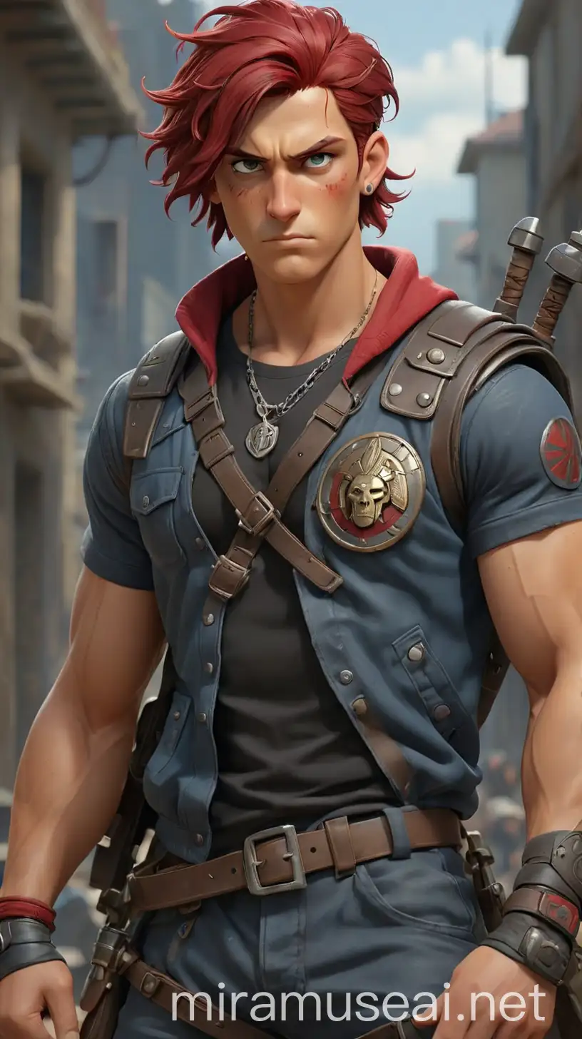 Teenage Ares exudes strength and militaristic prowess, blending jock athleticism with soldier discipline. His imposing, muscular build, bronzed skin, and battle scars speak to his combat experience. He wears a fitted black t-shirt with a red Greek warrior helmet emblem, paired with a slate blue bomber jacket adorned with military patches. Sturdy black cargo pants and steel-toed boots complete his ensemble, while a gunmetal silver belt with a crossed sword and shield emblem adds to his rugged look. Accessories include a silver dog tag necklace, leather wristband, and silver rings featuring weapon designs. His maroon red hair is cropped short, reflecting his practical approach, while clean-shaven sharp features and piercing gray eyes exude strength. Despite his martial appearance, there's a sense of camaraderie surrounding him, embodying the spirit of modern-day warriors with a nod to his Hellenic roots. 