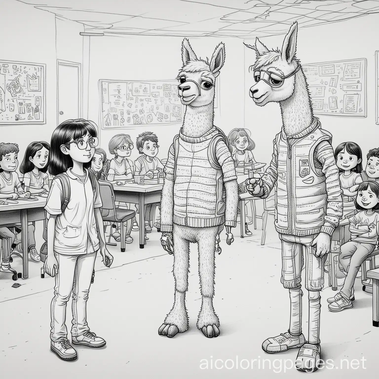 a cartoon Boy standing next to a cartoon girl talking with a teacher at a chaotic community center in a ghetto in Los Angelest, with various wacky activities happening simultaneously in the background, like a knitting class taught by an enthusiastic llama and a dance-off between a robot and a senior citizen. Coloring Page, black and white, line art, white background, Simplicity, Ample White Space, Coloring Page, black and white, line art, white background, Simplicity, Ample White Space.