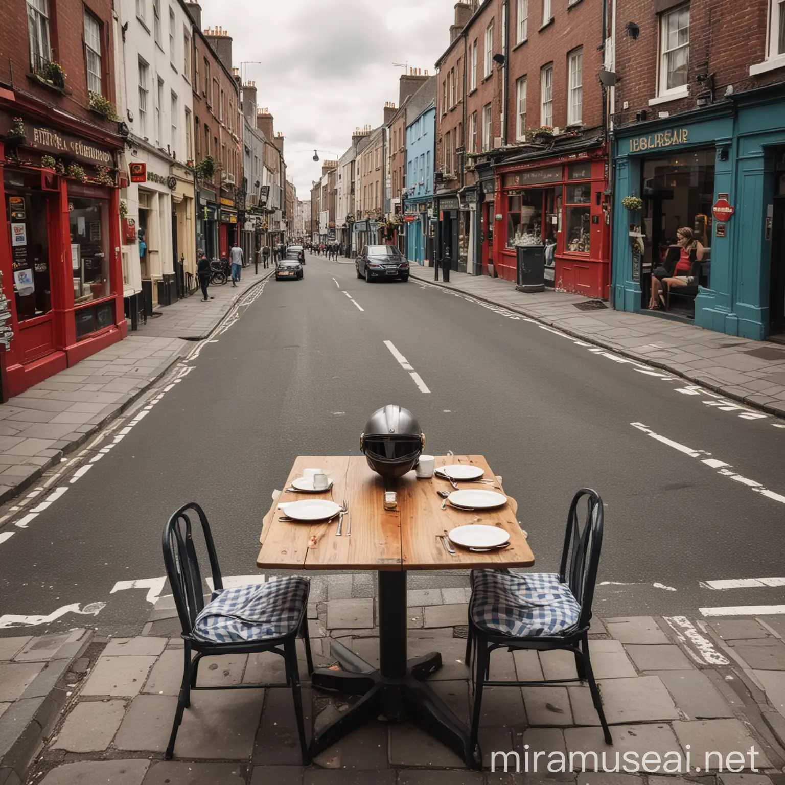 faire une composition avec un fond d'une rue de Dublin, placer une table avec un repas et mettre sur la table dans un coin un casque de pilote automobile. 