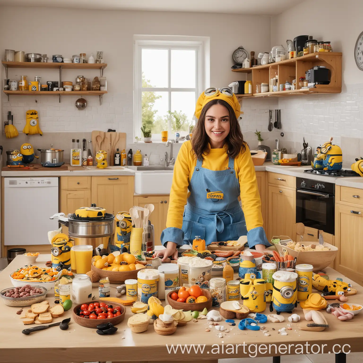 Busy-Kitchen-Scene-with-Woman-Cooking-in-Minion-Costume