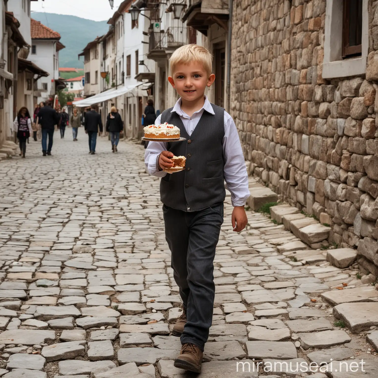 Make a blondes boy a age 9 walking in old Prizren city in hand hold the cake