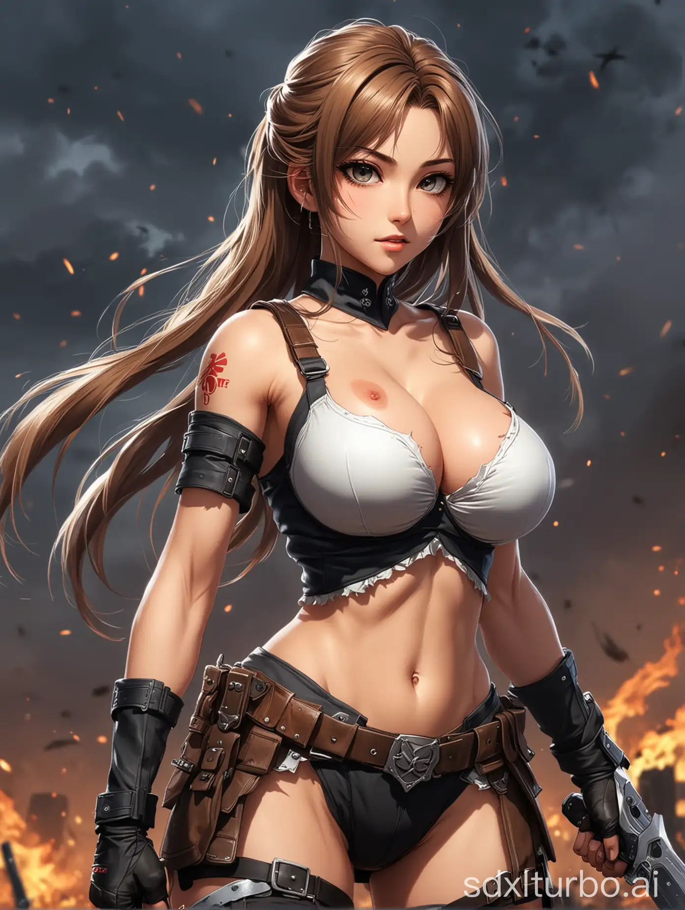 best quality,masterpiece,1girl,available light,Hands on waist,upper body,anime artwork illustrating, created by Japanese anime studio, highly emotional, best quality, high resolution, (25 years old:1.2), (Large breasts:1.2), (Internet celebrity face:1.2), Holding machetes in both hands, on the battlefield, in a combat stance