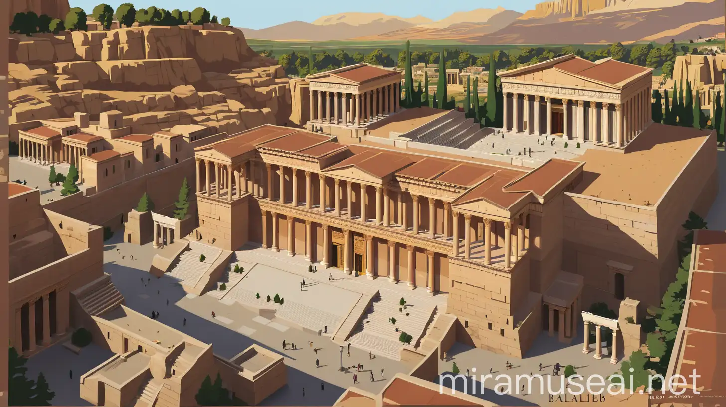 Mixed style of flat vector art, cartoon art, cinematic and travel poster recreation of the ancient city of Baalbek.